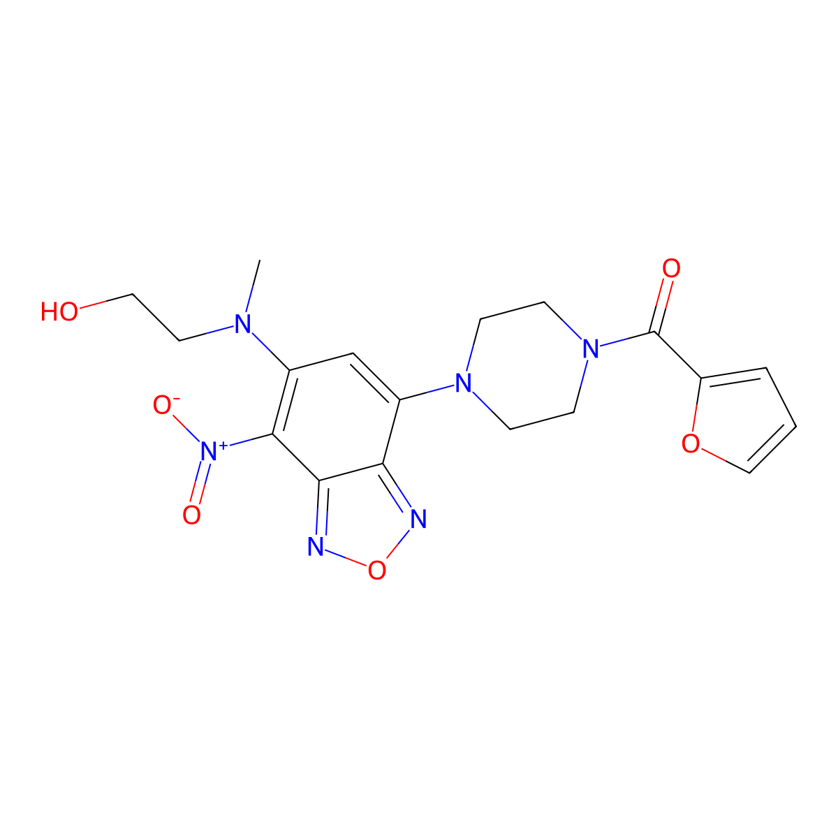 Furan-2-yl(4-(6-((2-hydroxyethyl)(methyl)amino)-7-nitrobenzo[c][1,2,5]oxadiazol-4-yl)piperazin-1-yl)methanone molecular structure, CAS 685841-19-4