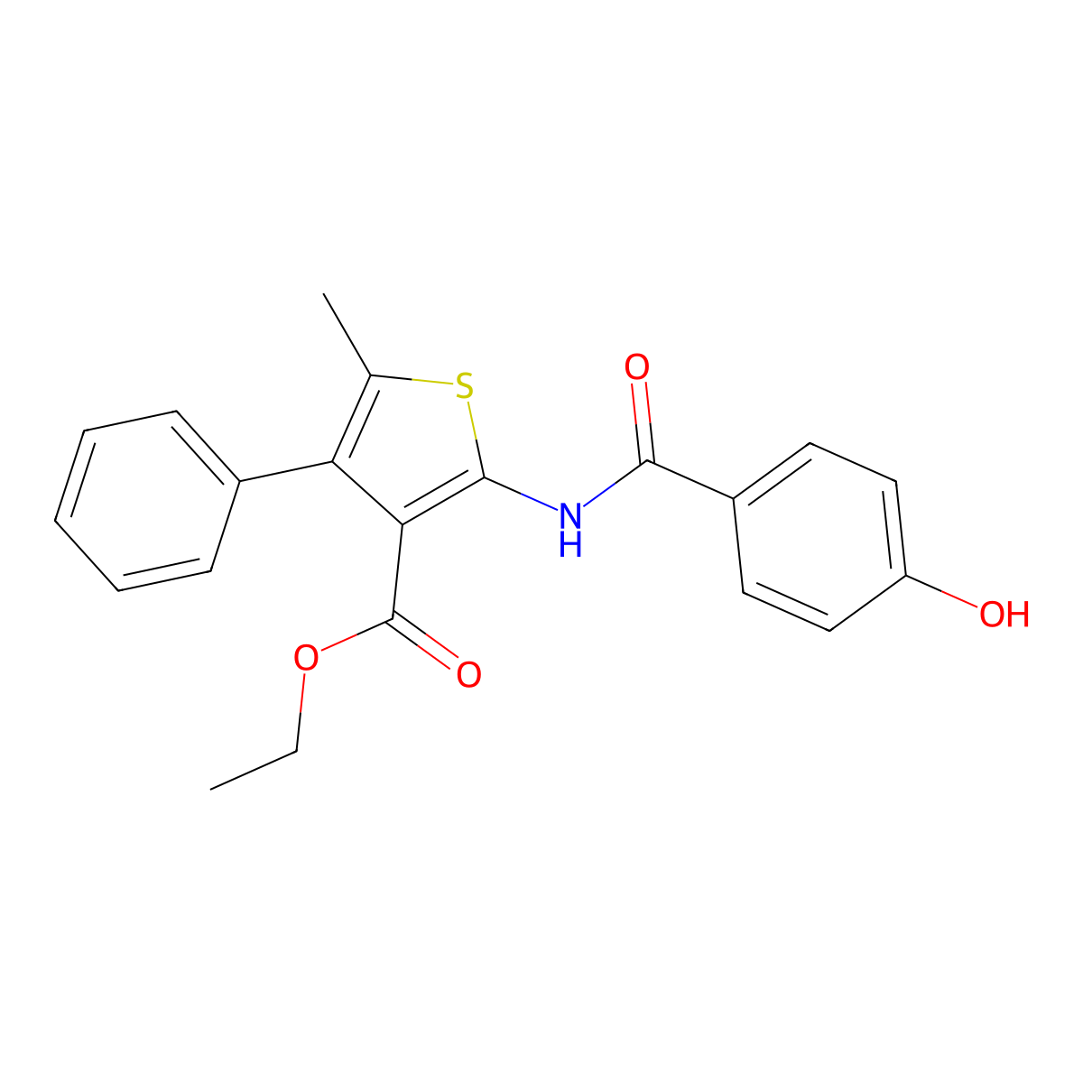 Ethyl 2-(4-hydroxybenzamido)-5-methyl-4-phenylthiophene-3-carboxylate molecular structure, CAS 685853-44-5