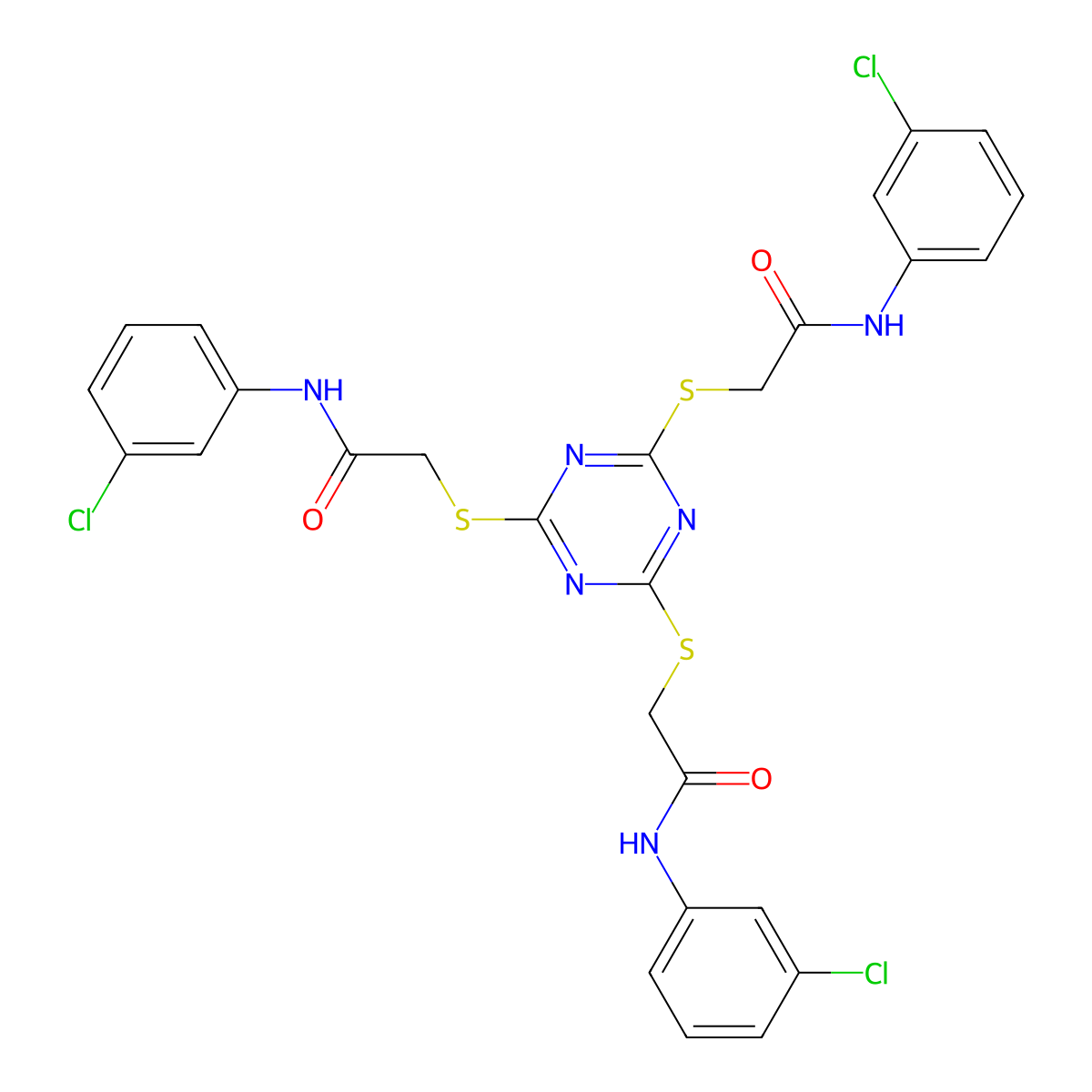 2-(4,6-bis{[N-(3-chlorophenyl)carbamoyl]methylthio}(1,3,5-triazin-2-ylthio))-N-(3-chlorophenyl)acetamide molecular structure, CAS 685854-00-6