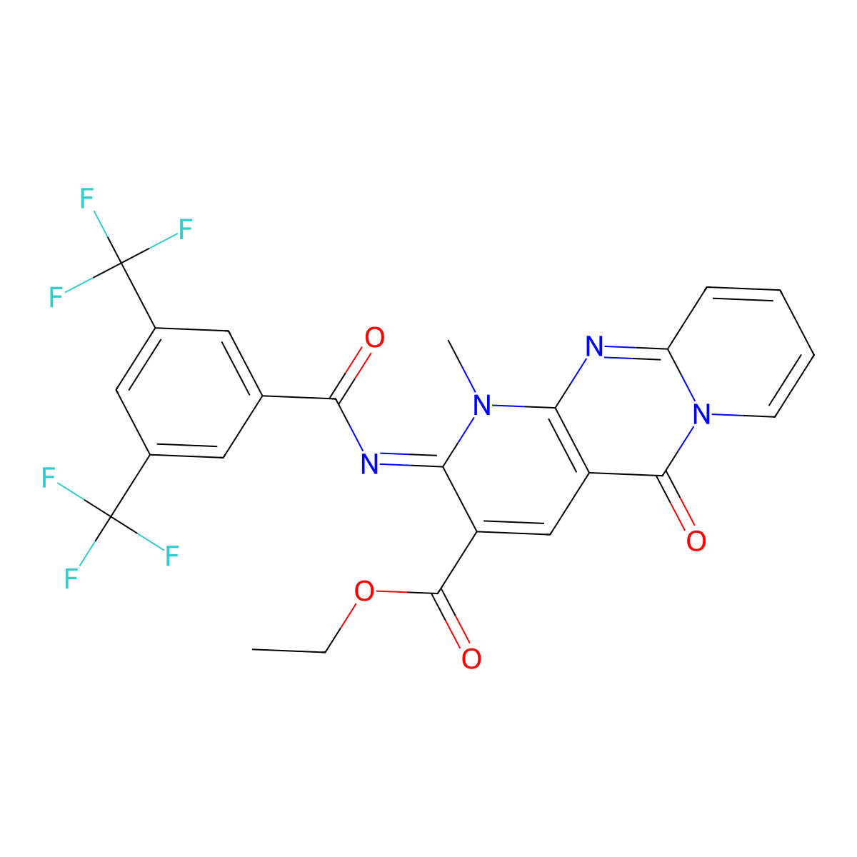 (E)-ethyl 2-((3,5-bis(trifluoromethyl)benzoyl)imino)-1-methyl-5-oxo-2,5-dihydro-1H-dipyrido[1,2-a:2',3'-d]pyrimidine-3-carboxylate molecular structure, CAS 685859-52-3