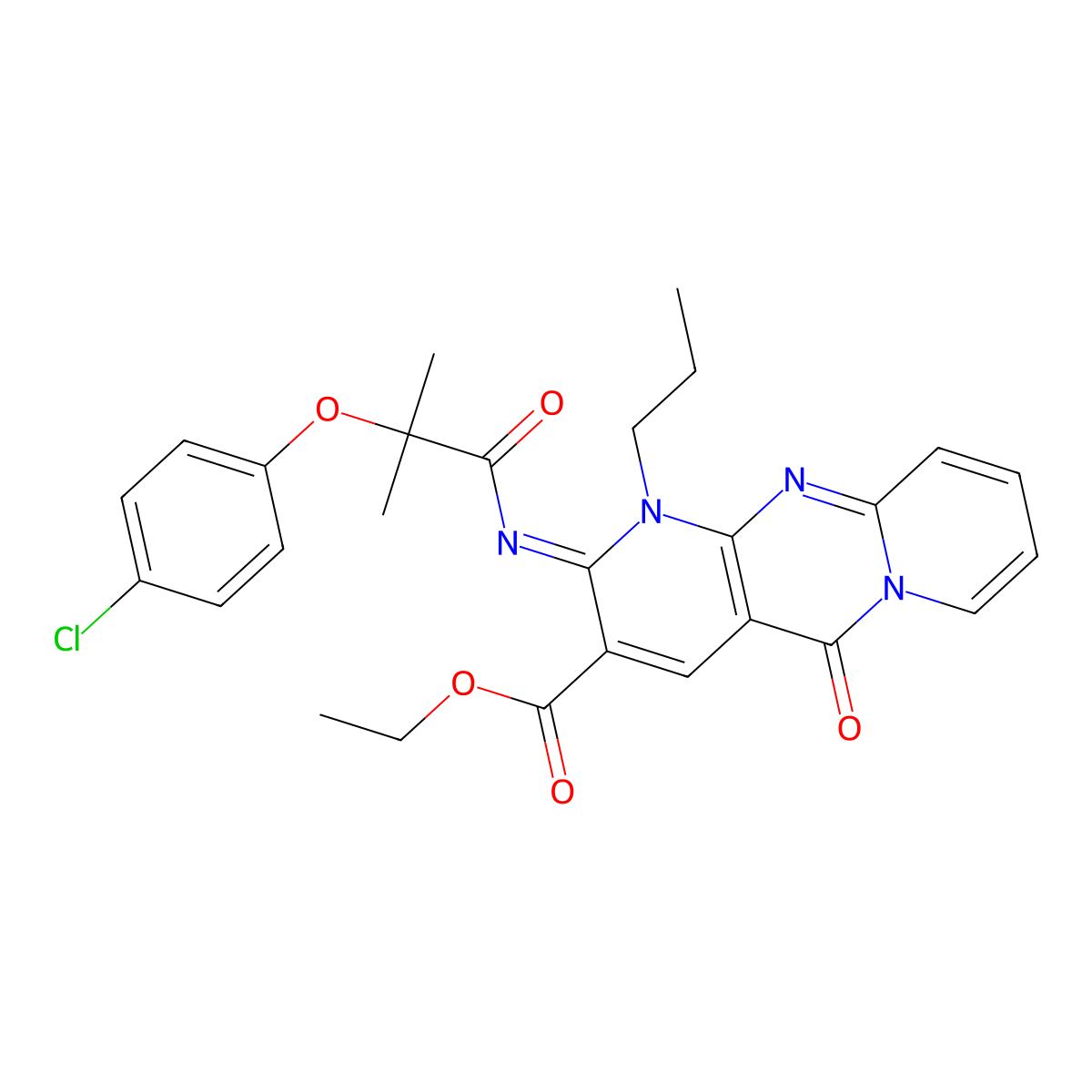 (E)-ethyl 2-((2-(4-chlorophenoxy)-2-methylpropanoyl)imino)-5-oxo-1-propyl-2,5-dihydro-1H-dipyrido[1,2-a:2',3'-d]pyrimidine-3-carboxylate molecular structure, CAS 685859-66-9