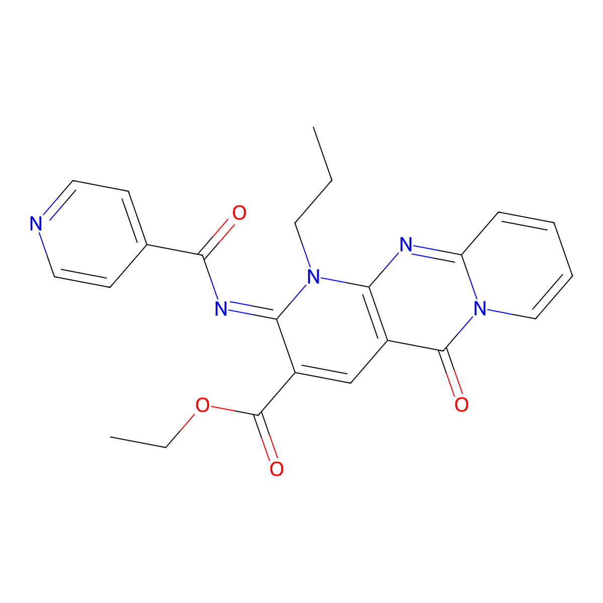 (E)-ethyl 2-(isonicotinoylimino)-5-oxo-1-propyl-2,5-dihydro-1H-dipyrido[1,2-a:2',3'-d]pyrimidine-3-carboxylate molecular structure, CAS 685859-71-6