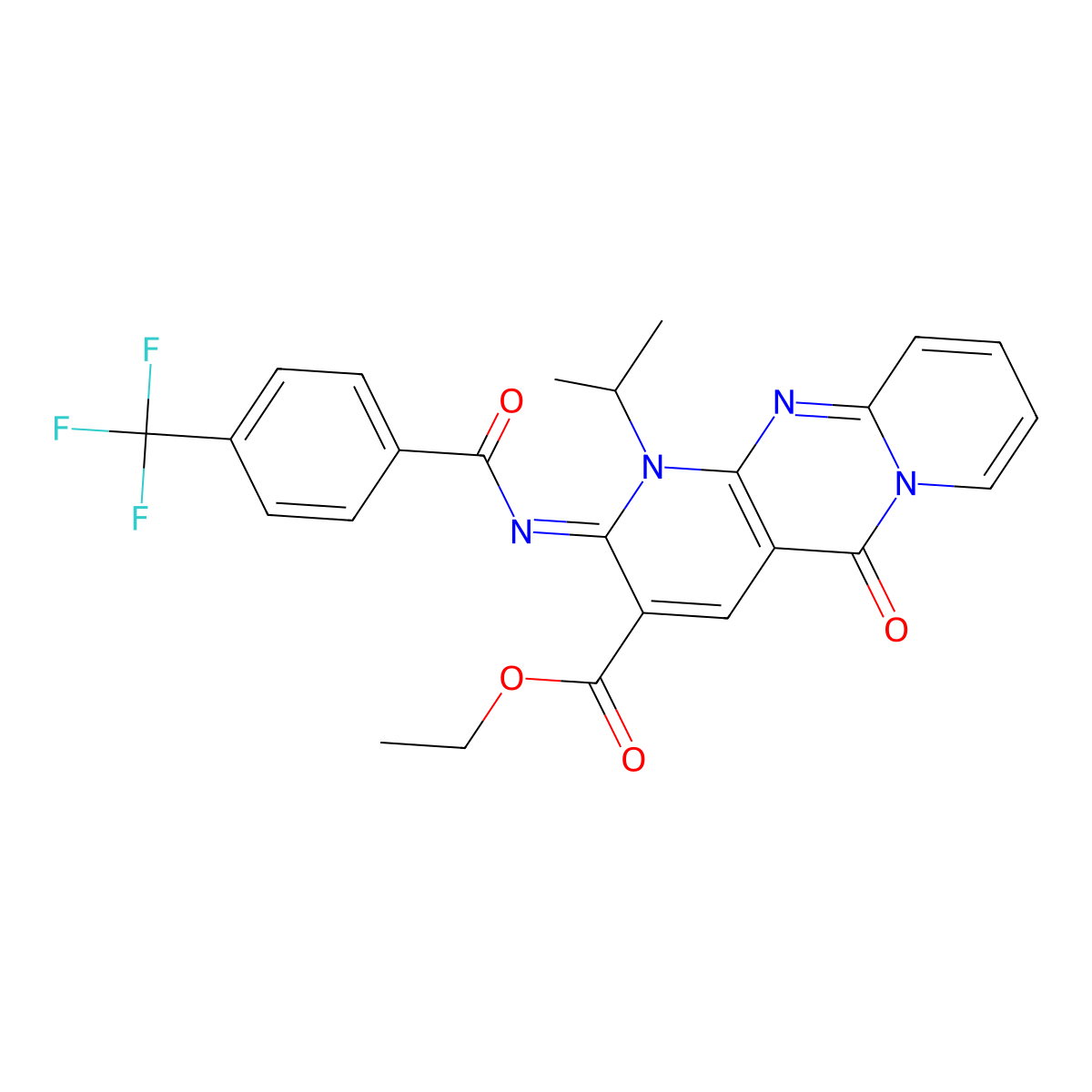 (E)-ethyl 1-isopropyl-5-oxo-2-((4-(trifluoromethyl)benzoyl)imino)-2,5-dihydro-1H-dipyrido[1,2-a:2',3'-d]pyrimidine-3-carboxylate molecular structure, CAS 685859-75-0