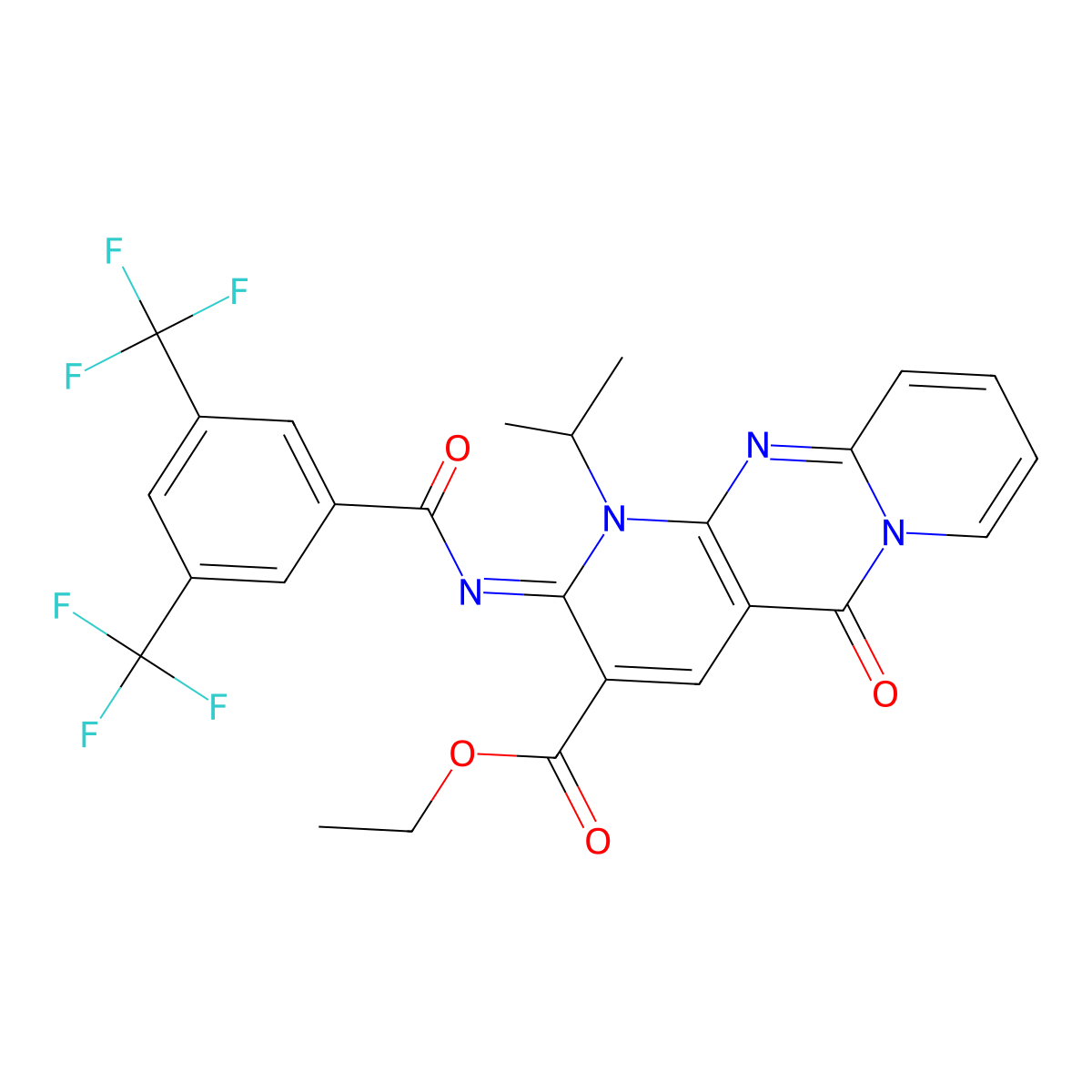 (E)-ethyl 2-((3,5-bis(trifluoromethyl)benzoyl)imino)-1-isopropyl-5-oxo-2,5-dihydro-1H-dipyrido[1,2-a:2',3'-d]pyrimidine-3-carboxylate molecular structure, CAS 685859-76-1