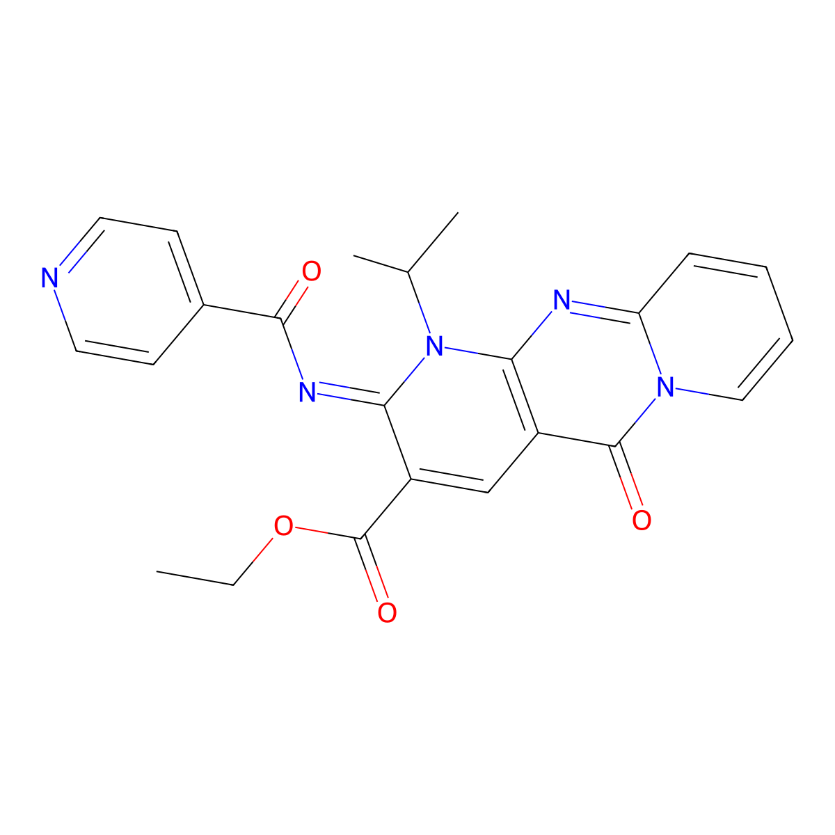ethyl (2E)-2-(isonicotinoylimino)-1-isopropyl-5-oxo-1,5-dihydro-2H-dipyrido[1,2-a:2',3'-d]pyrimidine-3-carboxylate molecular structure, CAS 685859-79-4