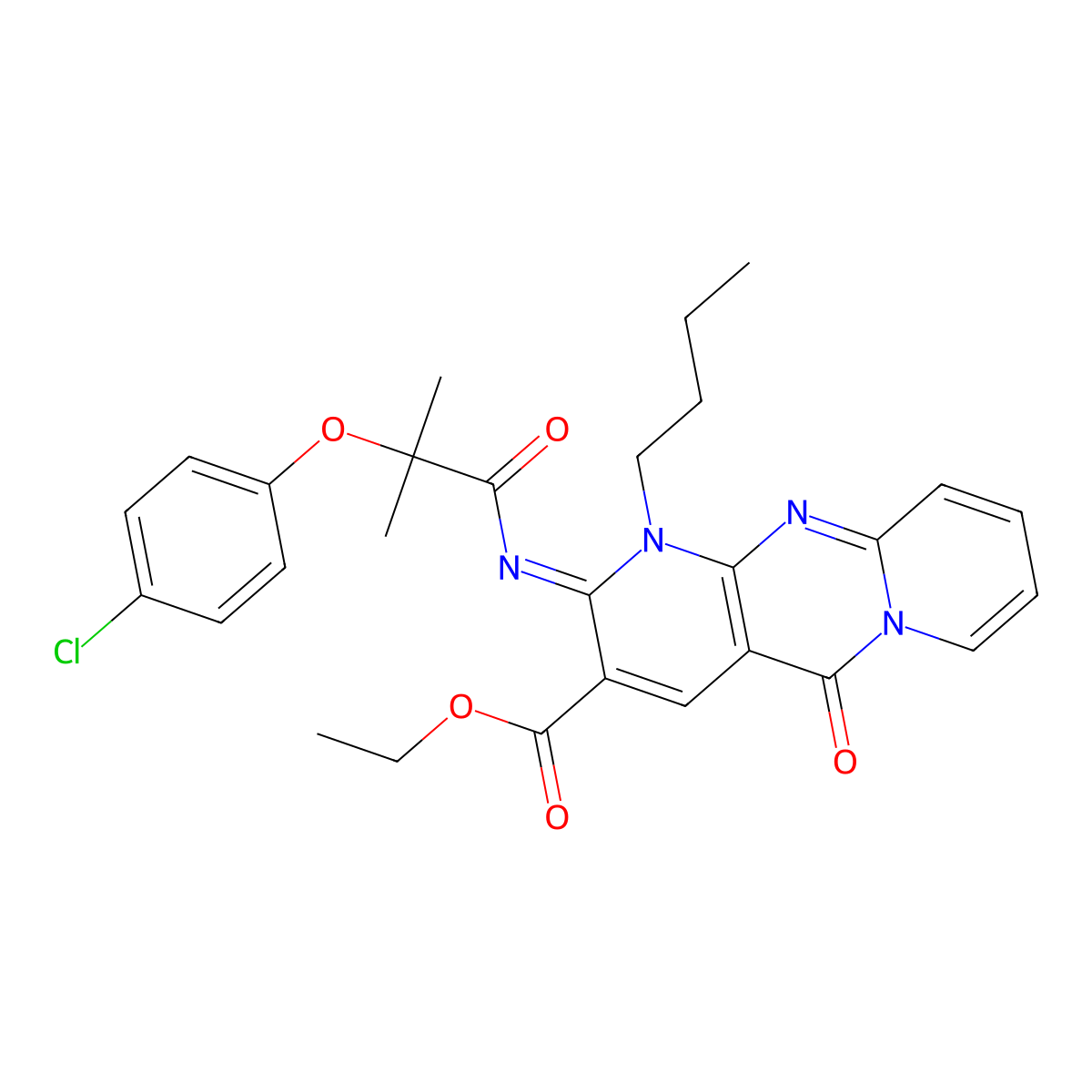(E)-ethyl 1-butyl-2-((2-(4-chlorophenoxy)-2-methylpropanoyl)imino)-5-oxo-2,5-dihydro-1H-dipyrido[1,2-a:2',3'-d]pyrimidine-3-carboxylate molecular structure, CAS 685859-83-0