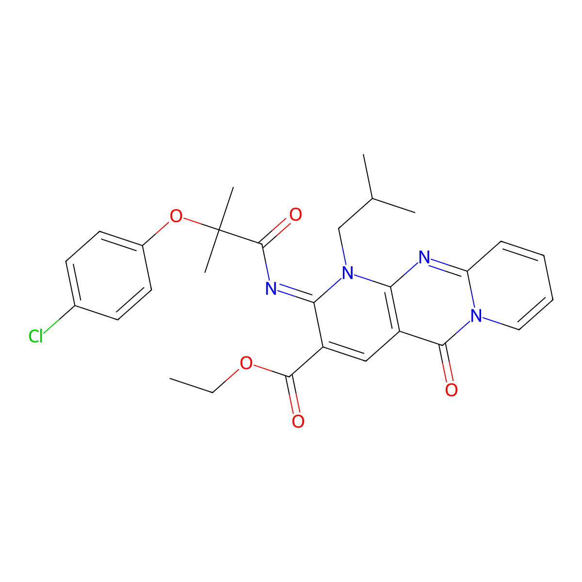 ethyl (6E)-6-{[2-(4-chlorophenoxy)-2-methylpropanoyl]imino}-7-(2-methylpropyl)-2-oxo-1,7,9-triazatricyclo[8.4.0.0^{3,8}]tetradeca-3(8),4,9,11,13-pentaene-5-carboxylate molecular structure, CAS 685859-91-0