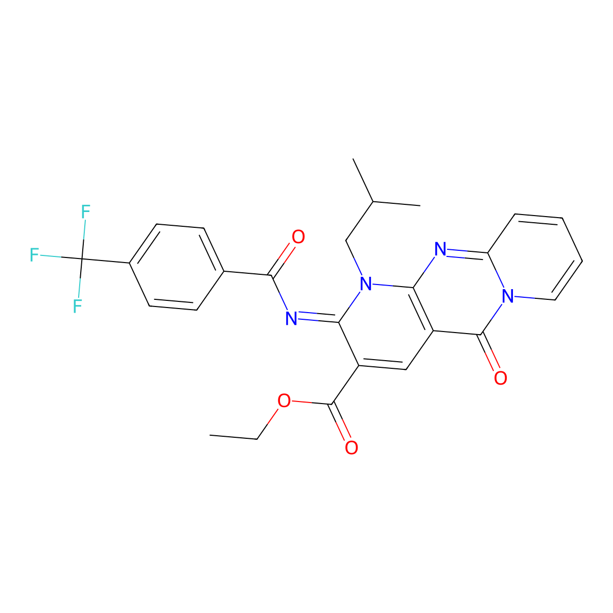 (E)-ethyl 1-isobutyl-5-oxo-2-((4-(trifluoromethyl)benzoyl)imino)-2,5-dihydro-1H-dipyrido[1,2-a:2',3'-d]pyrimidine-3-carboxylate molecular structure, CAS 685859-92-1