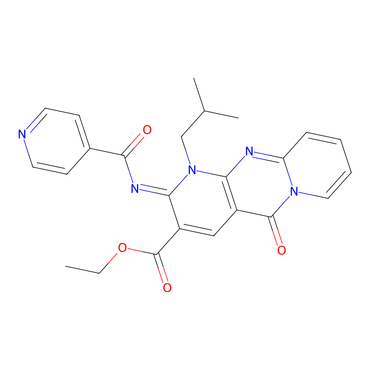(E)-ethyl 1-isobutyl-2-(isonicotinoylimino)-5-oxo-2,5-dihydro-1H-dipyrido[1,2-a:2',3'-d]pyrimidine-3-carboxylate molecular structure, CAS 685859-95-4
