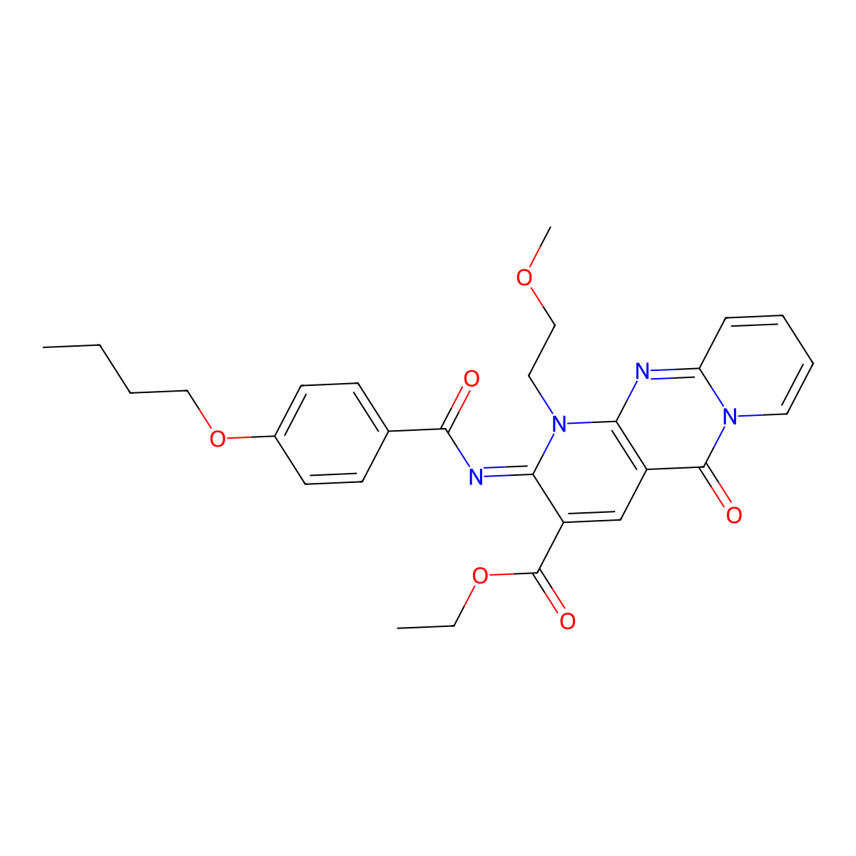(E)-ethyl 2-((4-butoxybenzoyl)imino)-1-(2-methoxyethyl)-5-oxo-2,5-dihydro-1H-dipyrido[1,2-a:2',3'-d]pyrimidine-3-carboxylate molecular structure, CAS 685859-97-6