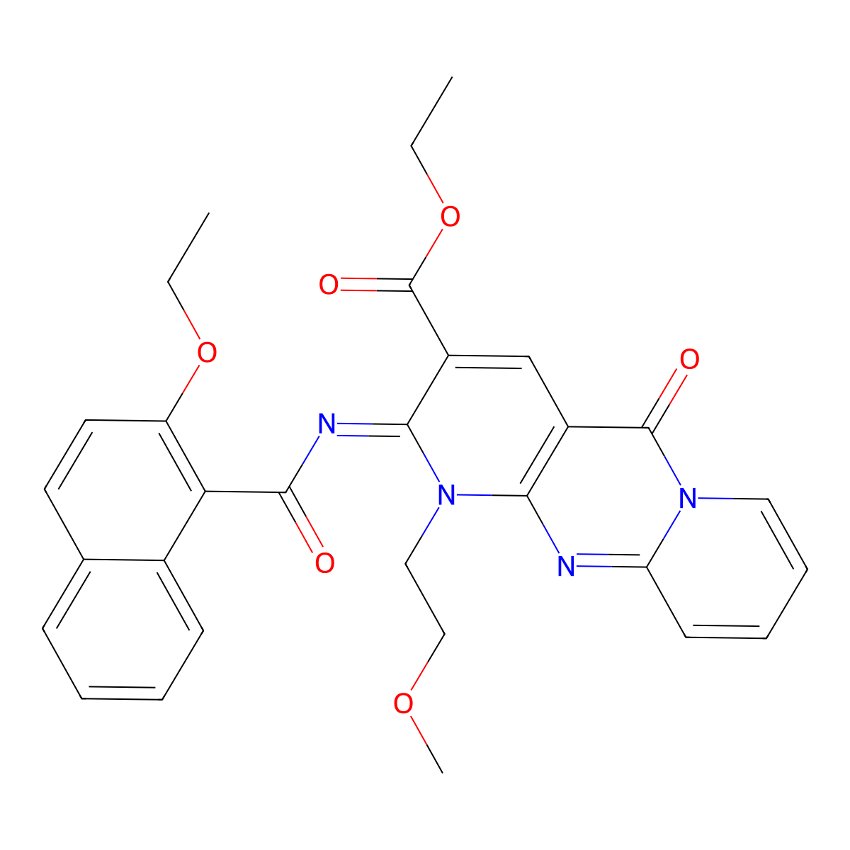 (E)-ethyl 2-((2-ethoxy-1-naphthoyl)imino)-1-(2-methoxyethyl)-5-oxo-2,5-dihydro-1H-dipyrido[1,2-a:2',3'-d]pyrimidine-3-carboxylate molecular structure, CAS 685859-98-7