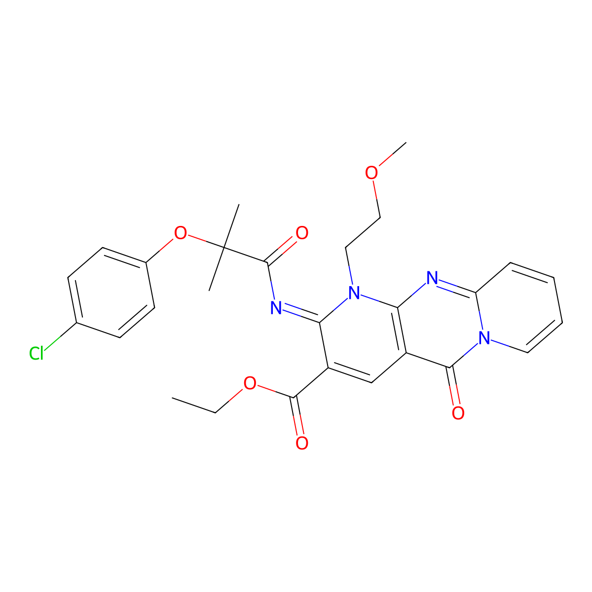 (E)-ethyl 2-((2-(4-chlorophenoxy)-2-methylpropanoyl)imino)-1-(2-methoxyethyl)-5-oxo-2,5-dihydro-1H-dipyrido[1,2-a:2',3'-d]pyrimidine-3-carboxylate molecular structure, CAS 685859-99-8