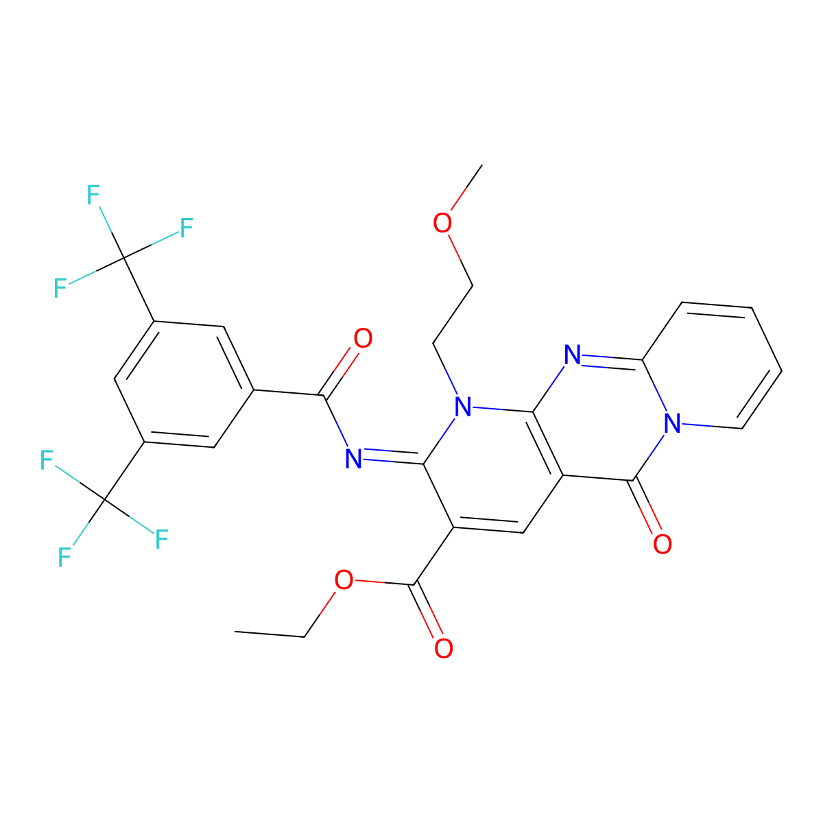 ethyl (6E)-6-{[3,5-bis(trifluoromethyl)benzoyl]imino}-7-(2-methoxyethyl)-2-oxo-1,7,9-triazatricyclo[8.4.0.0^{3,8}]tetradeca-3(8),4,9,11,13-pentaene-5-carboxylate molecular structure, CAS 685860-01-9