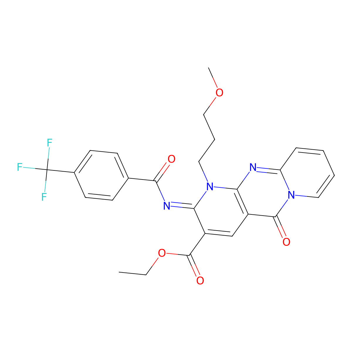 (E)-ethyl 1-(3-methoxypropyl)-5-oxo-2-((4-(trifluoromethyl)benzoyl)imino)-2,5-dihydro-1H-dipyrido[1,2-a:2',3'-d]pyrimidine-3-carboxylate molecular structure, CAS 685860-09-7
