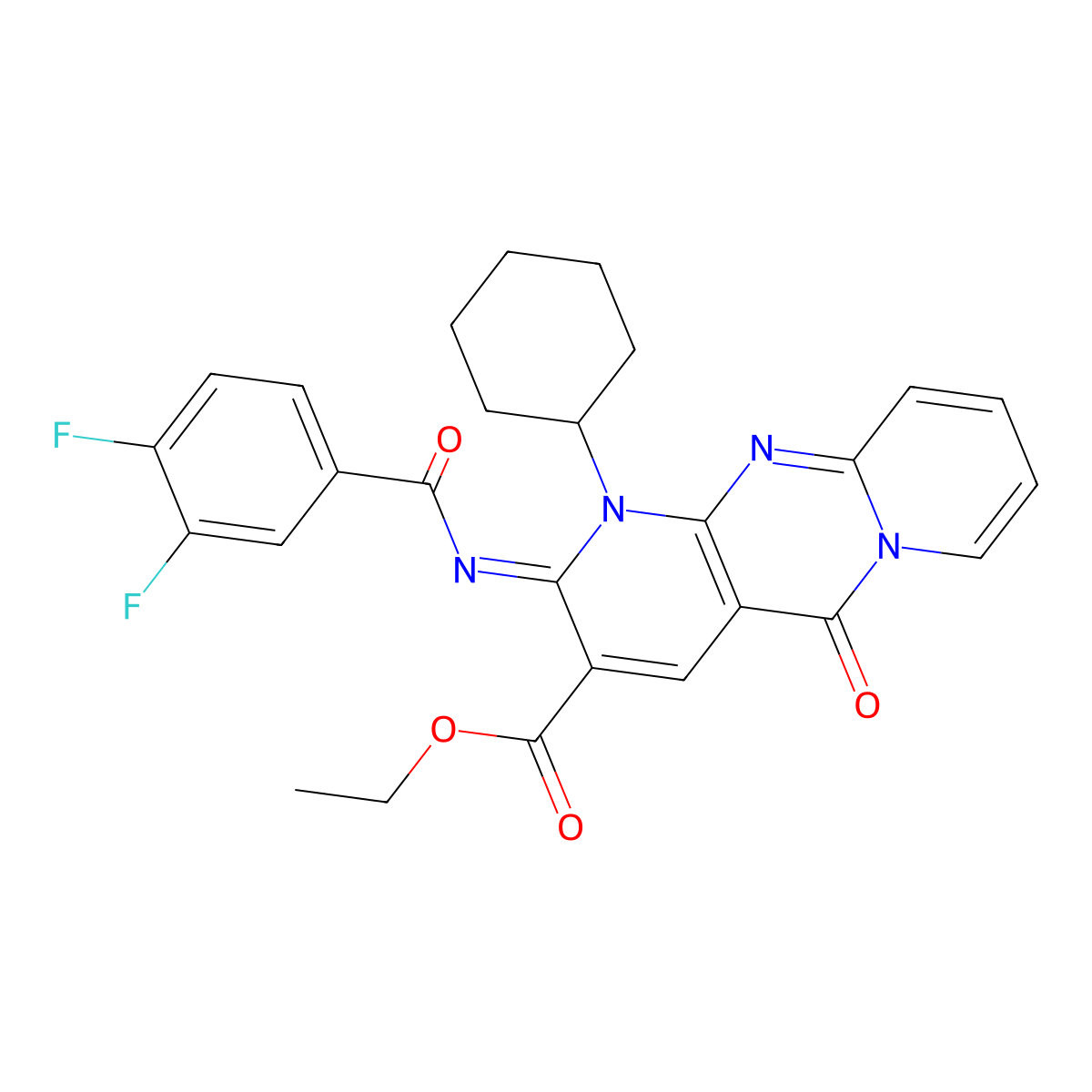 (E)-ethyl 1-cyclohexyl-2-((3,4-difluorobenzoyl)imino)-5-oxo-2,5-dihydro-1H-dipyrido[1,2-a:2',3'-d]pyrimidine-3-carboxylate molecular structure, CAS 685860-17-7