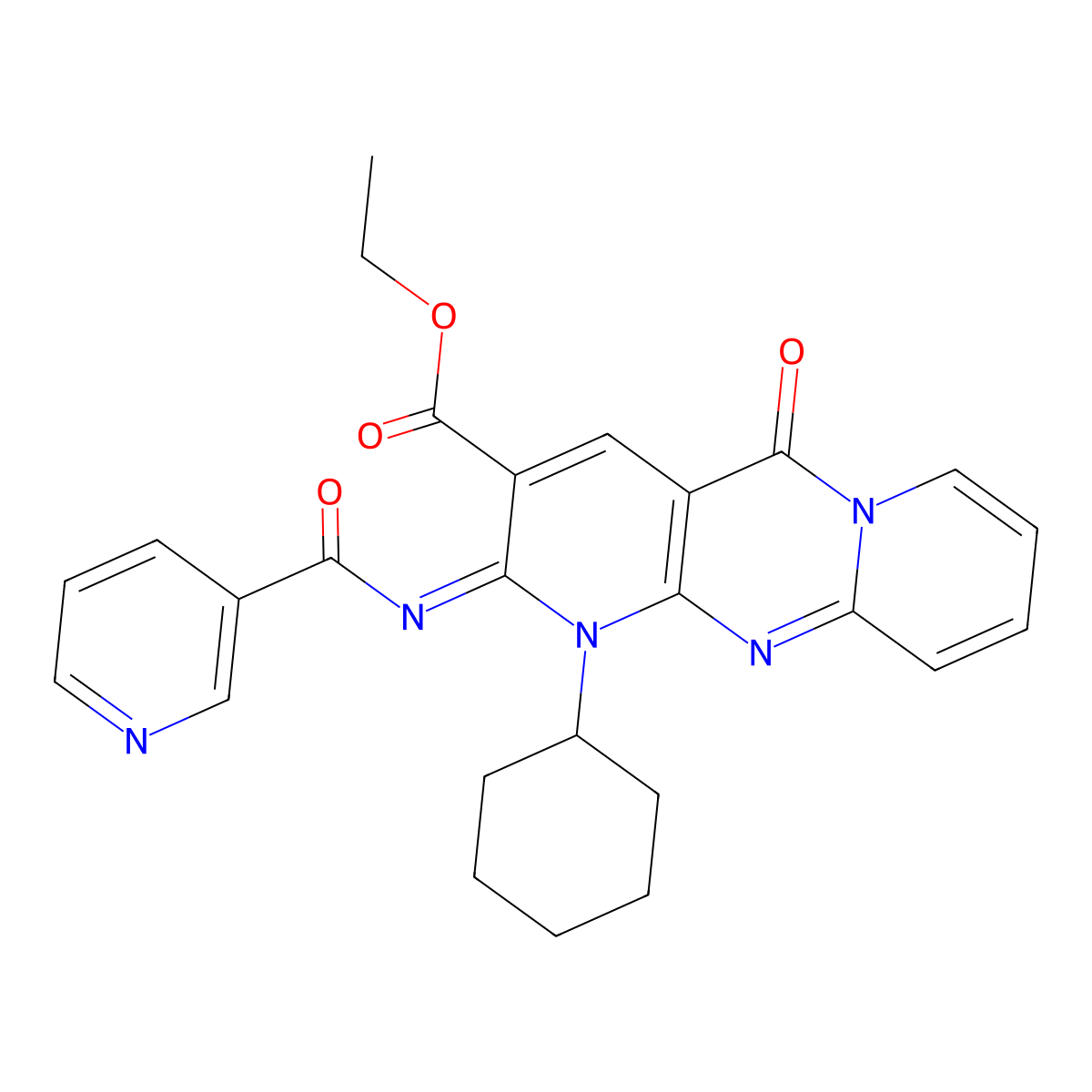 (E)-ethyl 1-cyclohexyl-2-(nicotinoylimino)-5-oxo-2,5-dihydro-1H-dipyrido[1,2-a:2',3'-d]pyrimidine-3-carboxylate molecular structure, CAS 685860-18-8