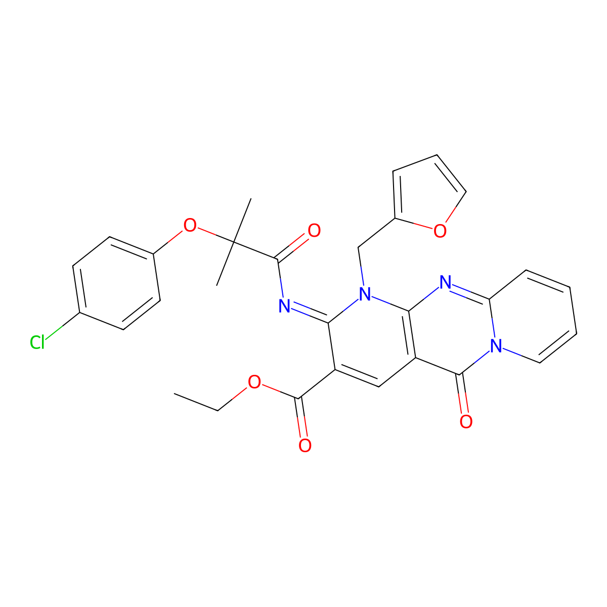 (E)-ethyl 2-((2-(4-chlorophenoxy)-2-methylpropanoyl)imino)-1-(furan-2-ylmethyl)-5-oxo-2,5-dihydro-1H-dipyrido[1,2-a:2',3'-d]pyrimidine-3-carboxylate molecular structure, CAS 685860-23-5
