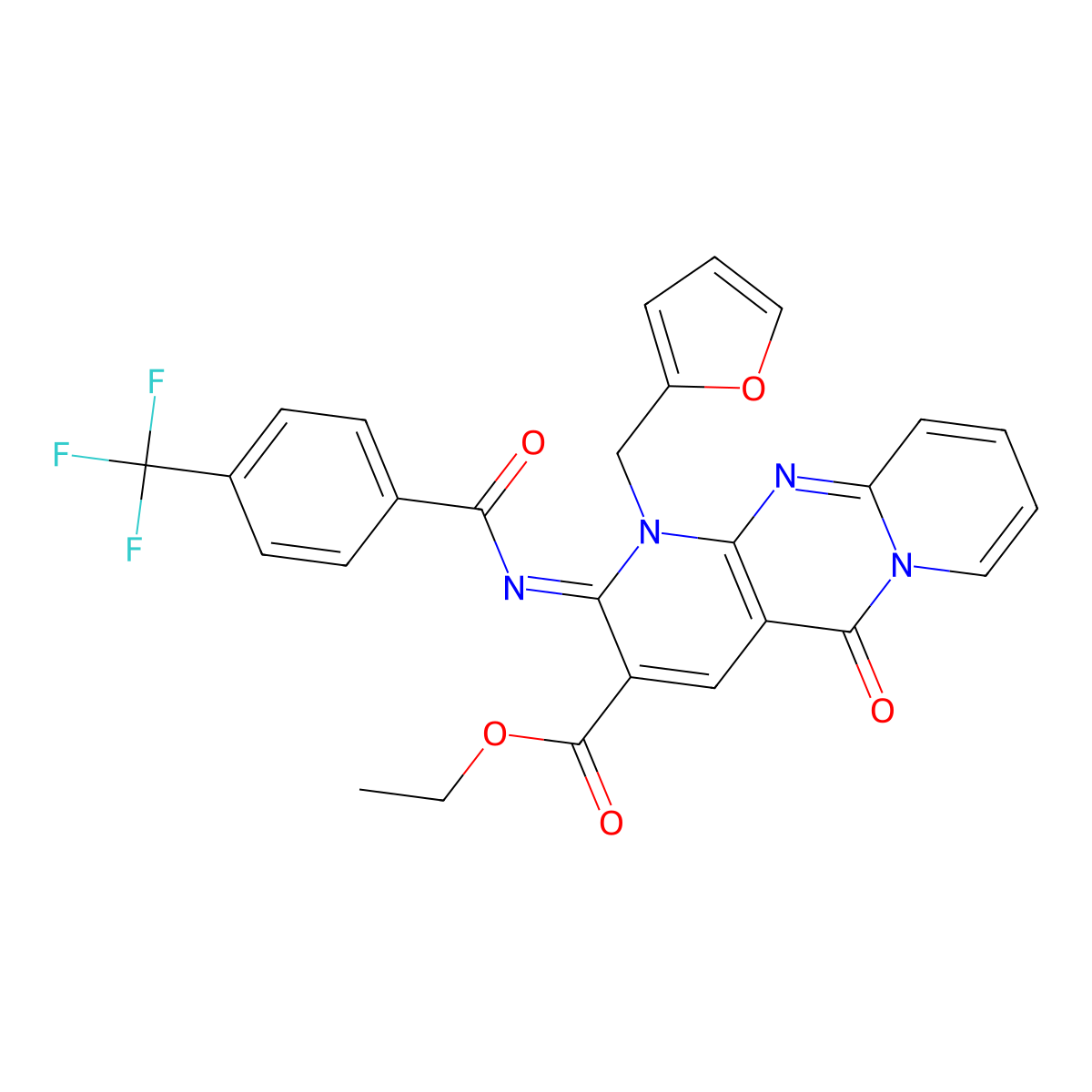 (E)-ethyl 1-(furan-2-ylmethyl)-5-oxo-2-((4-(trifluoromethyl)benzoyl)imino)-2,5-dihydro-1H-dipyrido[1,2-a:2',3'-d]pyrimidine-3-carboxylate molecular structure, CAS 685860-24-6