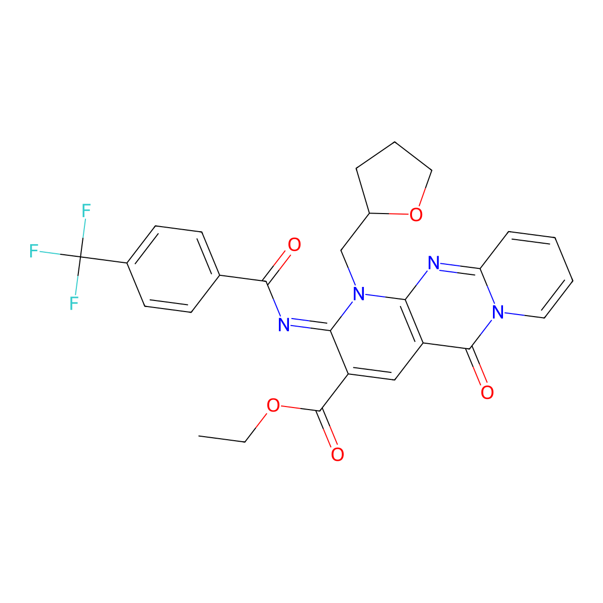 (E)-ethyl 5-oxo-1-((tetrahydrofuran-2-yl)methyl)-2-((4-(trifluoromethyl)benzoyl)imino)-2,5-dihydro-1H-dipyrido[1,2-a:2',3'-d]pyrimidine-3-carboxylate molecular structure, CAS 685860-33-7