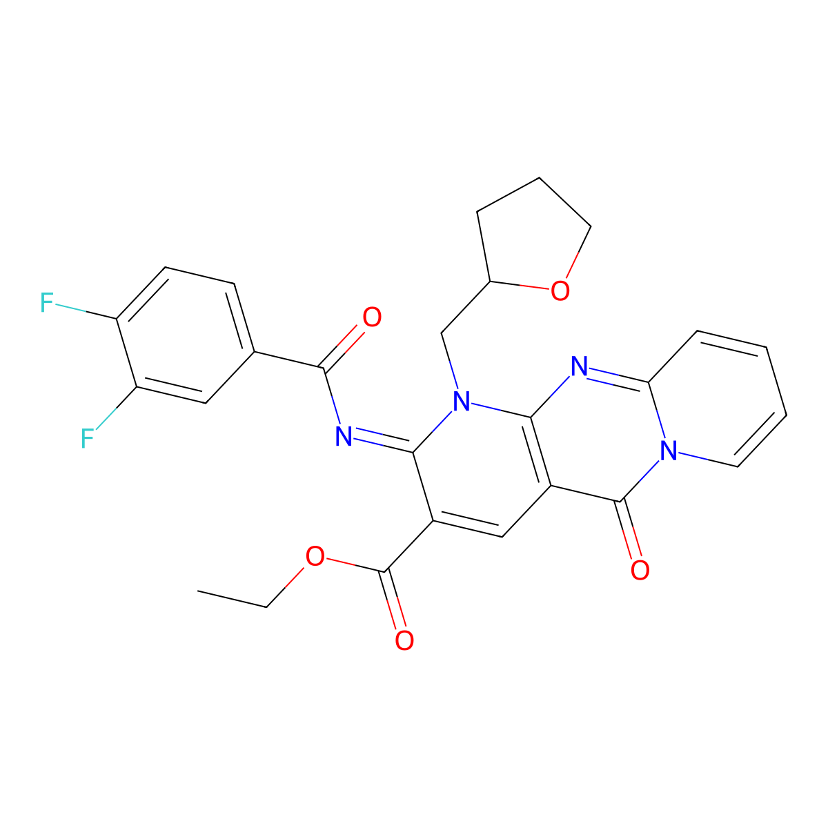 (E)-ethyl 2-((3,4-difluorobenzoyl)imino)-5-oxo-1-((tetrahydrofuran-2-yl)methyl)-2,5-dihydro-1H-dipyrido[1,2-a:2',3'-d]pyrimidine-3-carboxylate molecular structure, CAS 685860-35-9