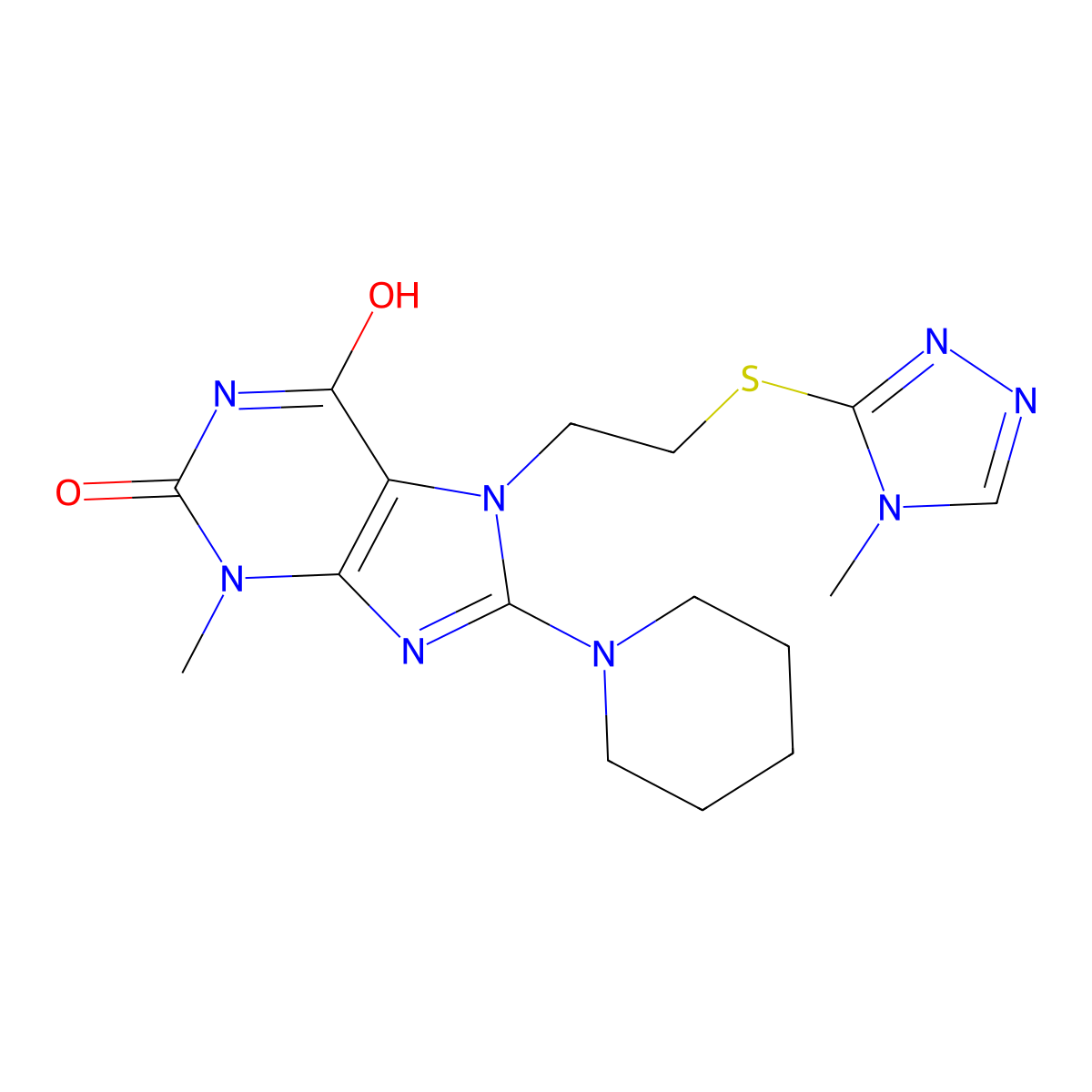 3-methyl-7-(2-((4-methyl-4H-1,2,4-triazol-3-yl)thio)ethyl)-8-(piperidin-1-yl)-1H-purine-2,6(3H,7H)-dione molecular structure, CAS 685860-39-3