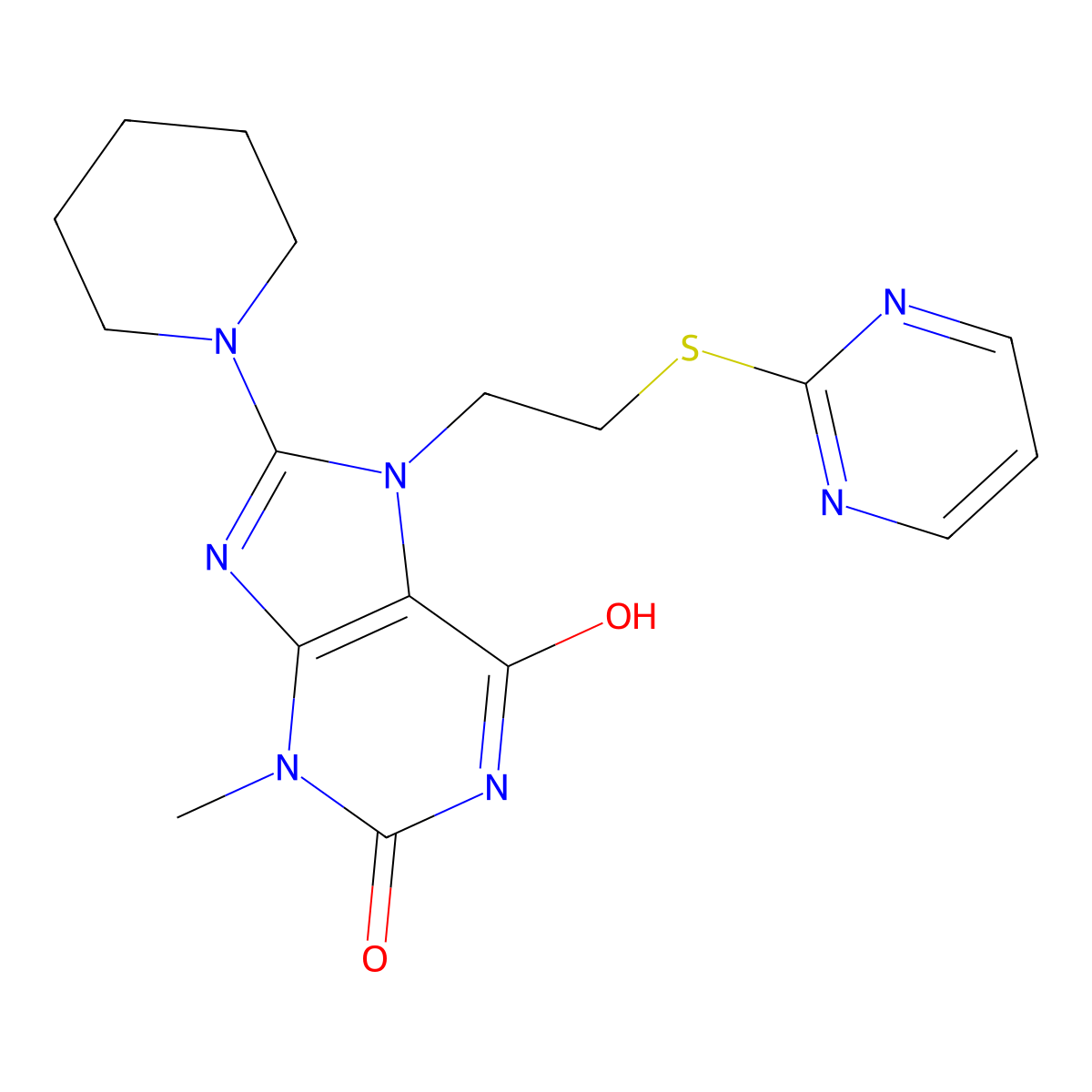 3-methyl-8-(piperidin-1-yl)-7-(2-(pyrimidin-2-ylthio)ethyl)-1H-purine-2,6(3H,7H)-dione molecular structure, CAS 685860-41-7