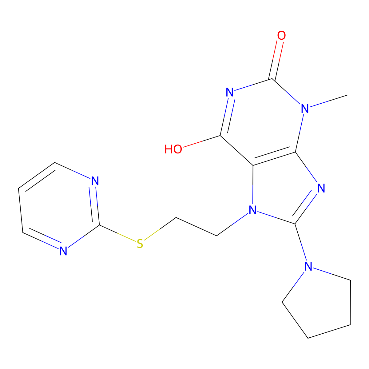 3-methyl-7-(2-(pyrimidin-2-ylthio)ethyl)-8-(pyrrolidin-1-yl)-1H-purine-2,6(3H,7H)-dione molecular structure, CAS 685860-42-8