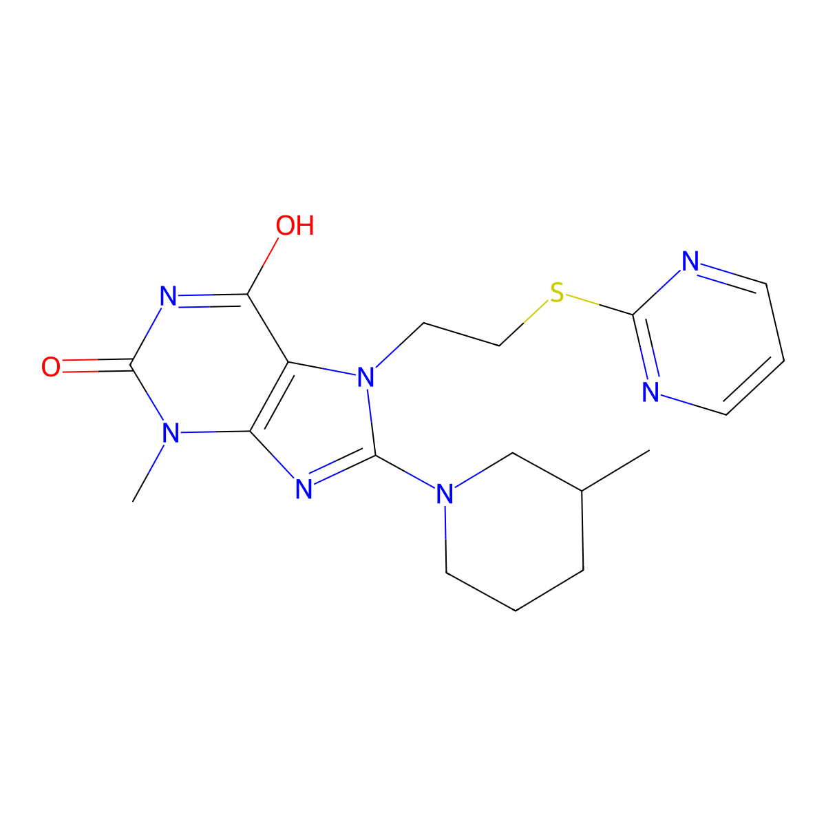 3-methyl-8-(3-methylpiperidin-1-yl)-7-(2-(pyrimidin-2-ylthio)ethyl)-1H-purine-2,6(3H,7H)-dione molecular structure, CAS 685860-43-9