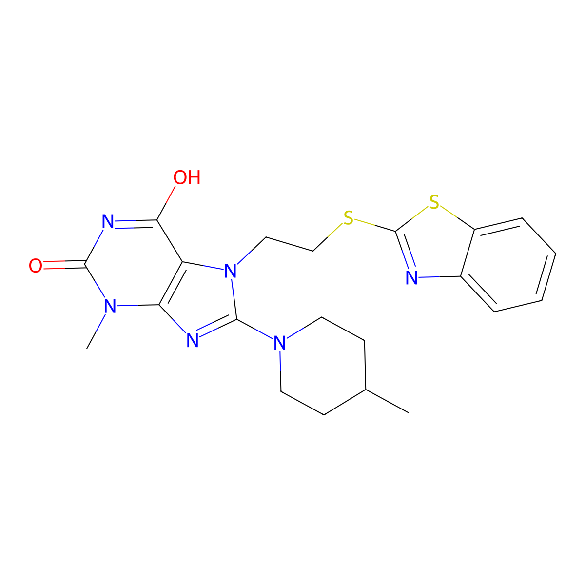 7-(2-(benzo[d]thiazol-2-ylthio)ethyl)-3-methyl-8-(4-methylpiperidin-1-yl)-1H-purine-2,6(3H,7H)-dione molecular structure, CAS 685860-44-0