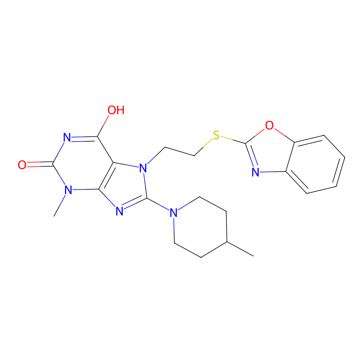 7-[2-(Benzooxazol-2-ylsulfanyl)-ethyl]-3-methyl-8-(4-methyl-piperidin-1-yl)-3,7-dihydro-purine-2,6-dione molecular structure, CAS 685860-45-1
