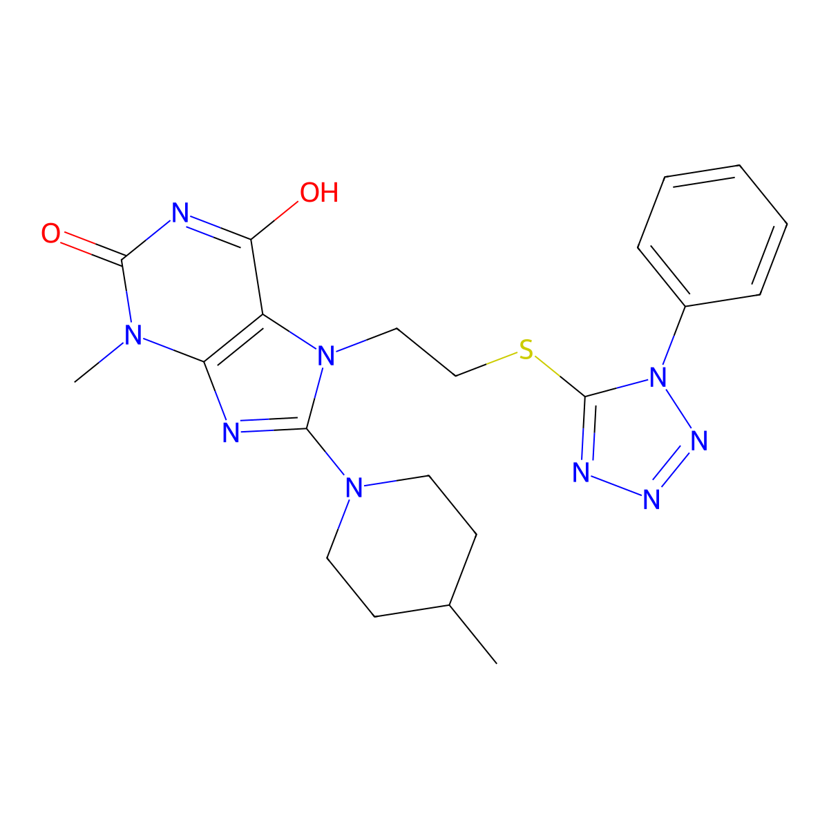 3-methyl-8-(4-methylpiperidin-1-yl)-7-(2-((1-phenyl-1H-tetrazol-5-yl)thio)ethyl)-1H-purine-2,6(3H,7H)-dione molecular structure, CAS 685860-46-2