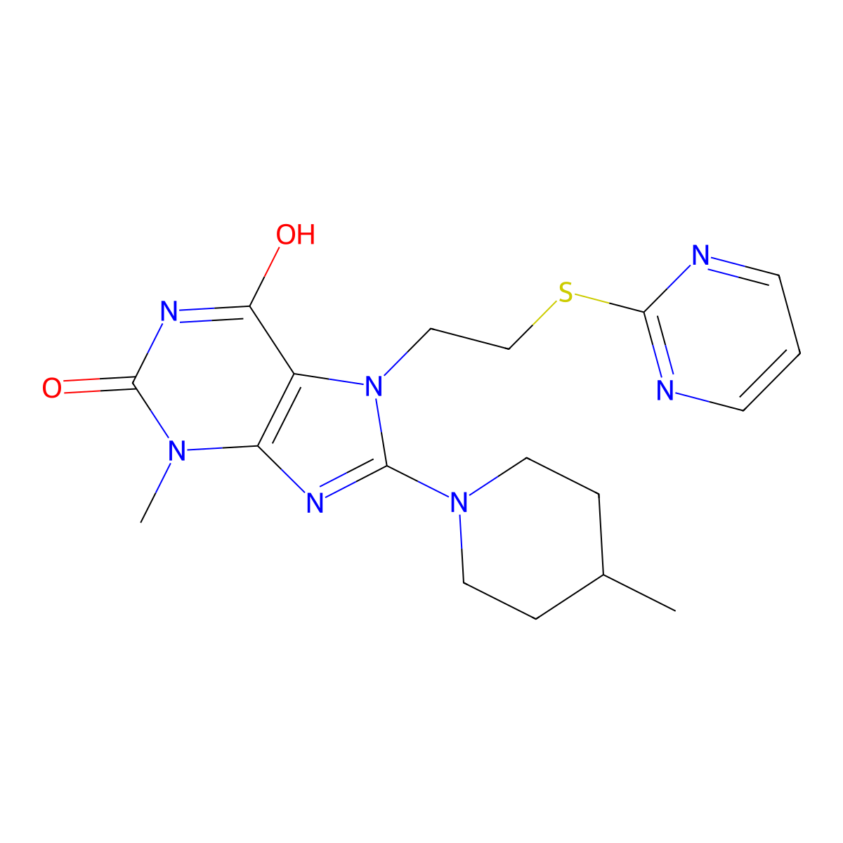 3-methyl-8-(4-methylpiperidin-1-yl)-7-(2-(pyrimidin-2-ylthio)ethyl)-1H-purine-2,6(3H,7H)-dione molecular structure, CAS 685860-47-3