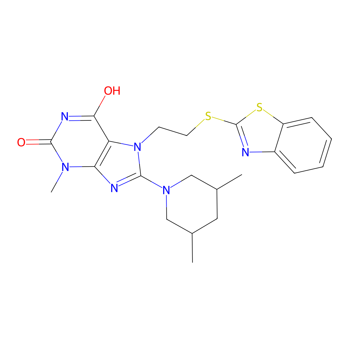 7-(2-(benzo[d]thiazol-2-ylthio)ethyl)-8-(3,5-dimethylpiperidin-1-yl)-3-methyl-1H-purine-2,6(3H,7H)-dione molecular structure, CAS 685860-48-4