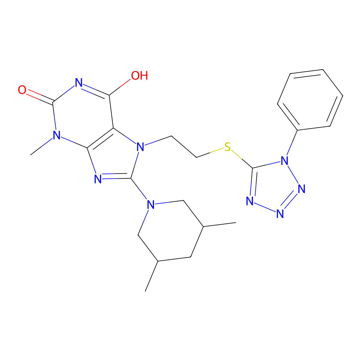 8-(3,5-dimethylpiperidin-1-yl)-3-methyl-7-(2-((1-phenyl-1H-tetrazol-5-yl)thio)ethyl)-1H-purine-2,6(3H,7H)-dione molecular structure, CAS 685860-50-8