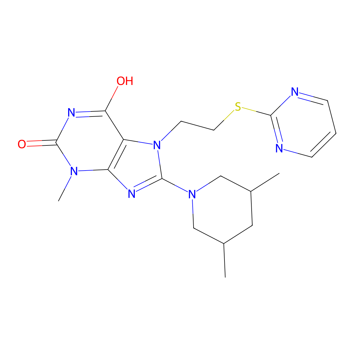 8-(3,5-dimethylpiperidin-1-yl)-3-methyl-7-(2-(pyrimidin-2-ylthio)ethyl)-1H-purine-2,6(3H,7H)-dione molecular structure, CAS 685860-52-0