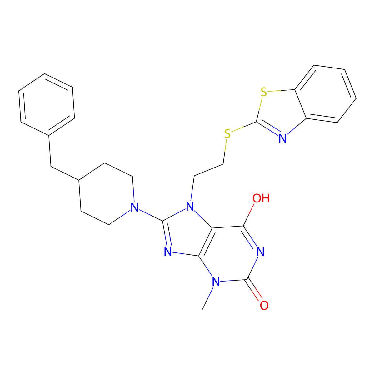 7-(2-(benzo[d]thiazol-2-ylthio)ethyl)-8-(4-benzylpiperidin-1-yl)-3-methyl-1H-purine-2,6(3H,7H)-dione molecular structure, CAS 685860-53-1