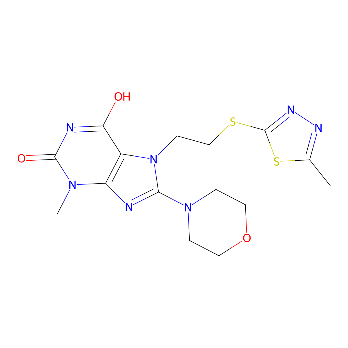 3-methyl-7-(2-((5-methyl-1,3,4-thiadiazol-2-yl)thio)ethyl)-8-morpholino-1H-purine-2,6(3H,7H)-dione molecular structure, CAS 685860-54-2