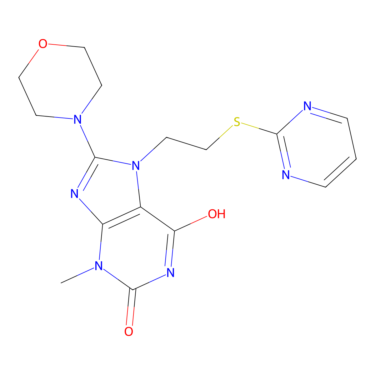 3-methyl-8-morpholino-7-(2-(pyrimidin-2-ylthio)ethyl)-1H-purine-2,6(3H,7H)-dione molecular structure, CAS 685860-55-3
