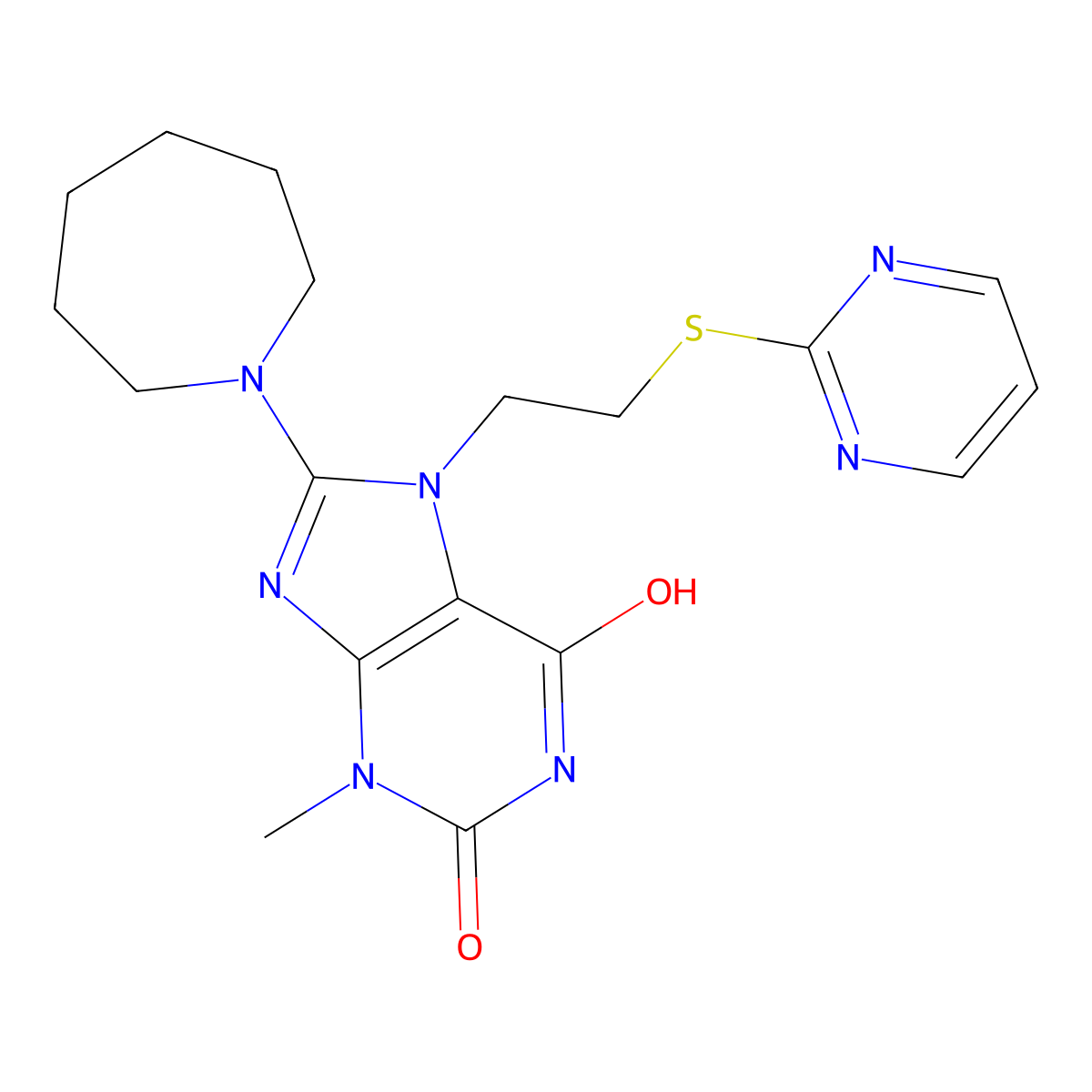 8-(azepan-1-yl)-3-methyl-7-(2-(pyrimidin-2-ylthio)ethyl)-1H-purine-2,6(3H,7H)-dione molecular structure, CAS 685860-57-5