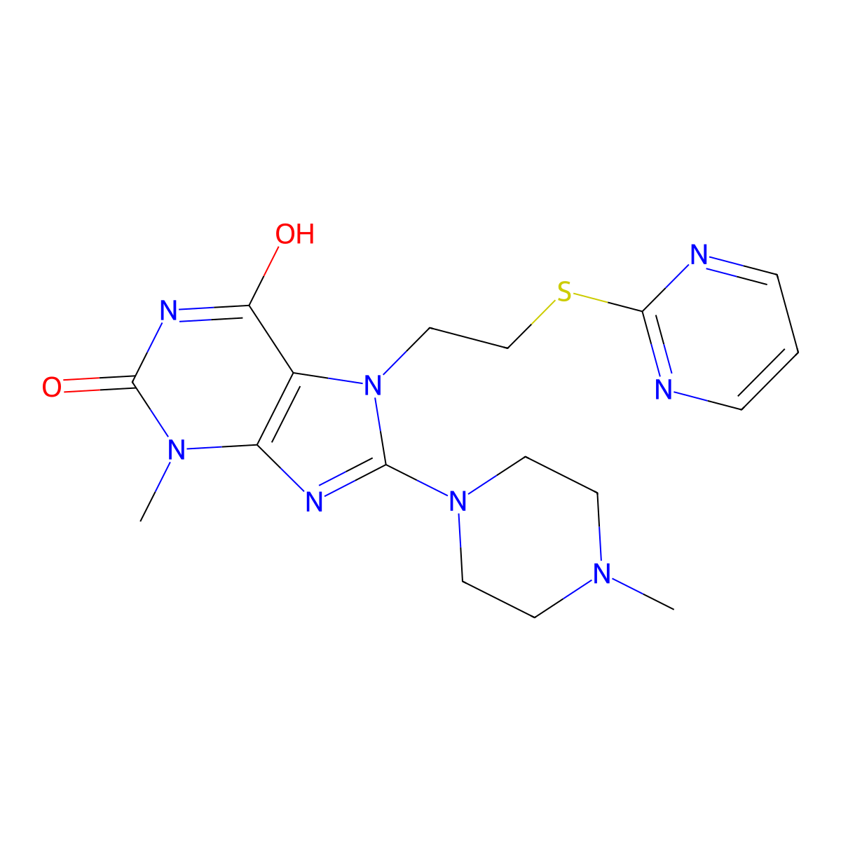 3-methyl-8-(4-methylpiperazin-1-yl)-7-(2-(pyrimidin-2-ylthio)ethyl)-1H-purine-2,6(3H,7H)-dione molecular structure, CAS 685860-58-6