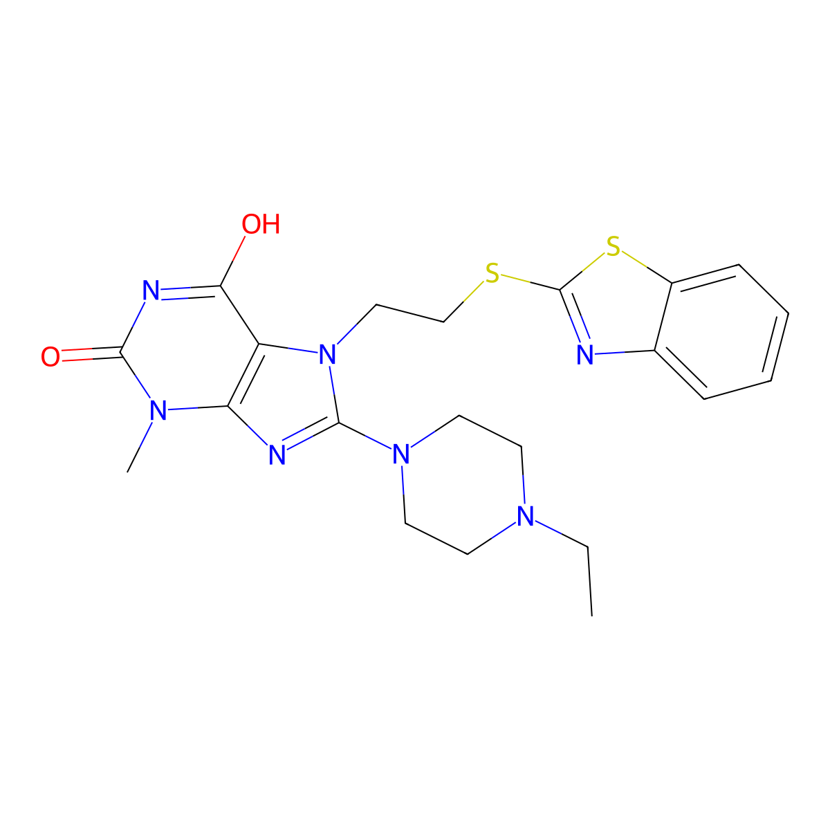 7-(2-(benzo[d]thiazol-2-ylthio)ethyl)-8-(4-ethylpiperazin-1-yl)-3-methyl-1H-purine-2,6(3H,7H)-dione molecular structure, CAS 685860-59-7