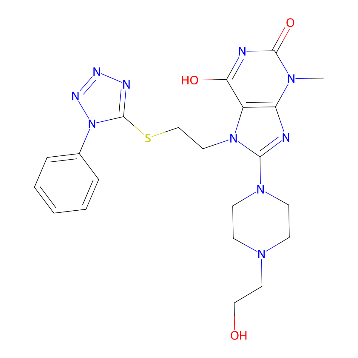 8-(4-(2-hydroxyethyl)piperazin-1-yl)-3-methyl-7-(2-((1-phenyl-1H-tetrazol-5-yl)thio)ethyl)-1H-purine-2,6(3H,7H)-dione molecular structure, CAS 685860-60-0