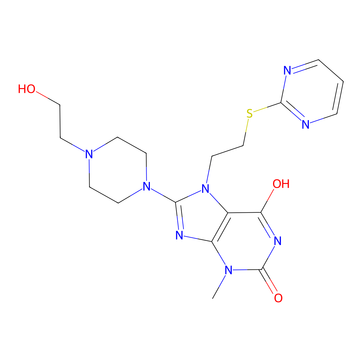 8-(4-(2-hydroxyethyl)piperazin-1-yl)-3-methyl-7-(2-(pyrimidin-2-ylthio)ethyl)-1H-purine-2,6(3H,7H)-dione molecular structure, CAS 685860-61-1