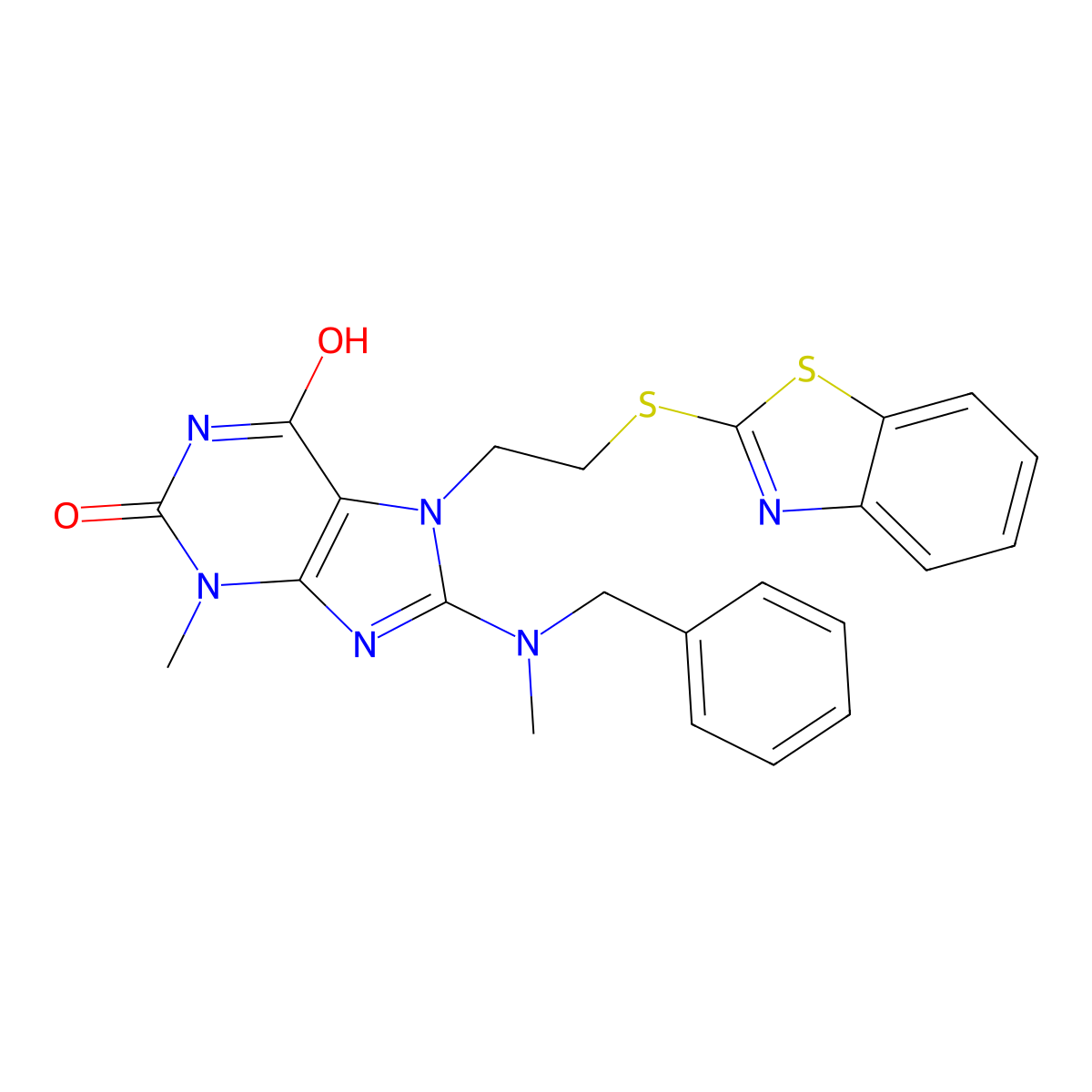 7-(2-(benzo[d]thiazol-2-ylthio)ethyl)-8-(benzyl(methyl)amino)-3-methyl-1H-purine-2,6(3H,7H)-dione molecular structure, CAS 685860-62-2