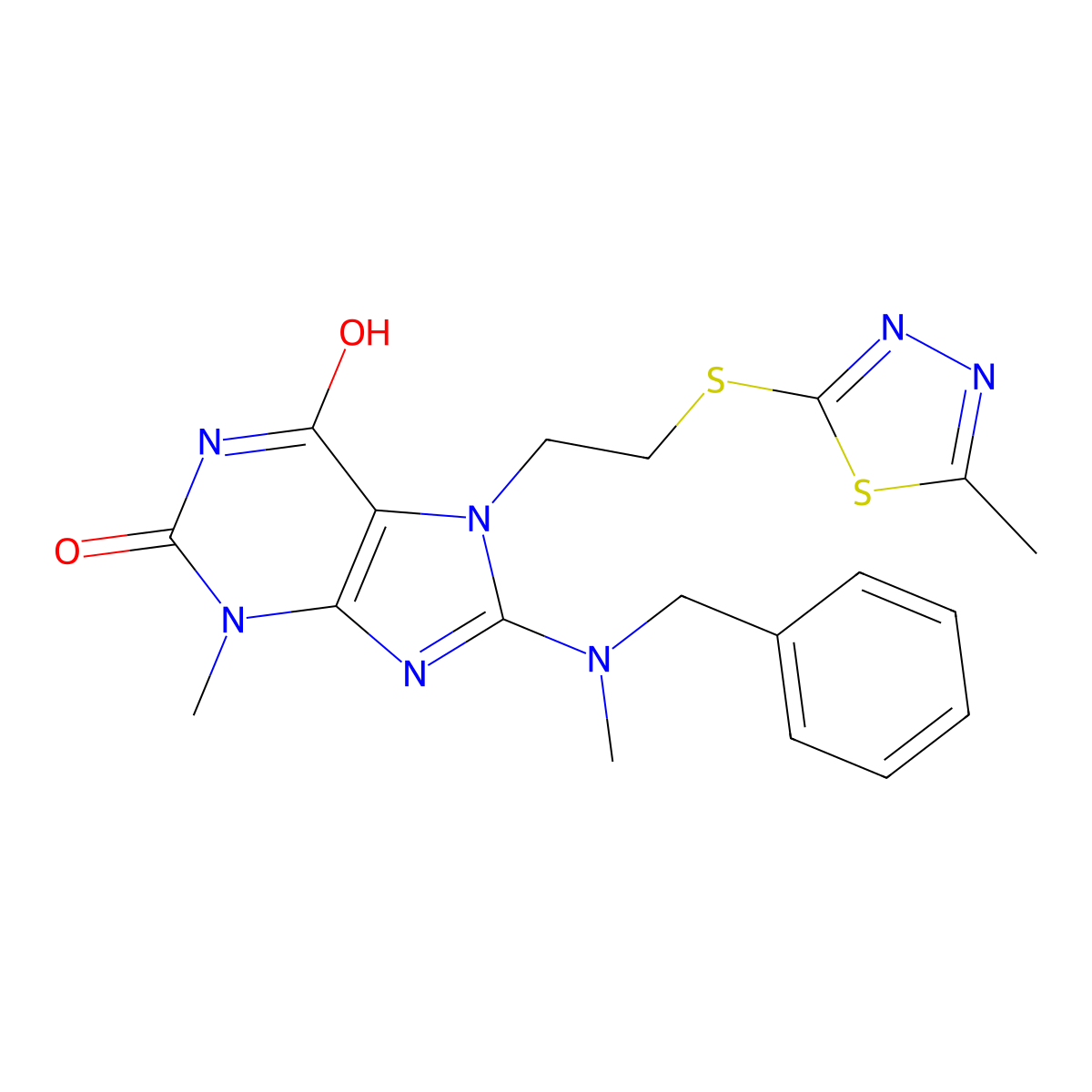 8-(benzyl(methyl)amino)-3-methyl-7-(2-((5-methyl-1,3,4-thiadiazol-2-yl)thio)ethyl)-1H-purine-2,6(3H,7H)-dione molecular structure, CAS 685860-63-3