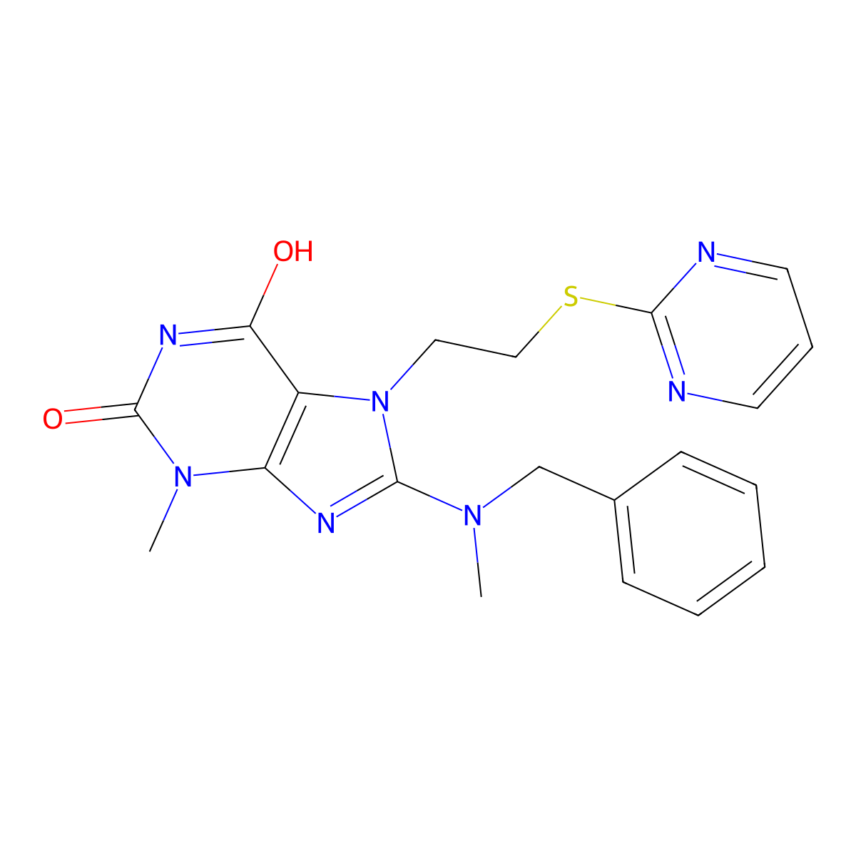 8-(benzyl(methyl)amino)-3-methyl-7-(2-(pyrimidin-2-ylthio)ethyl)-1H-purine-2,6(3H,7H)-dione molecular structure, CAS 685860-64-4