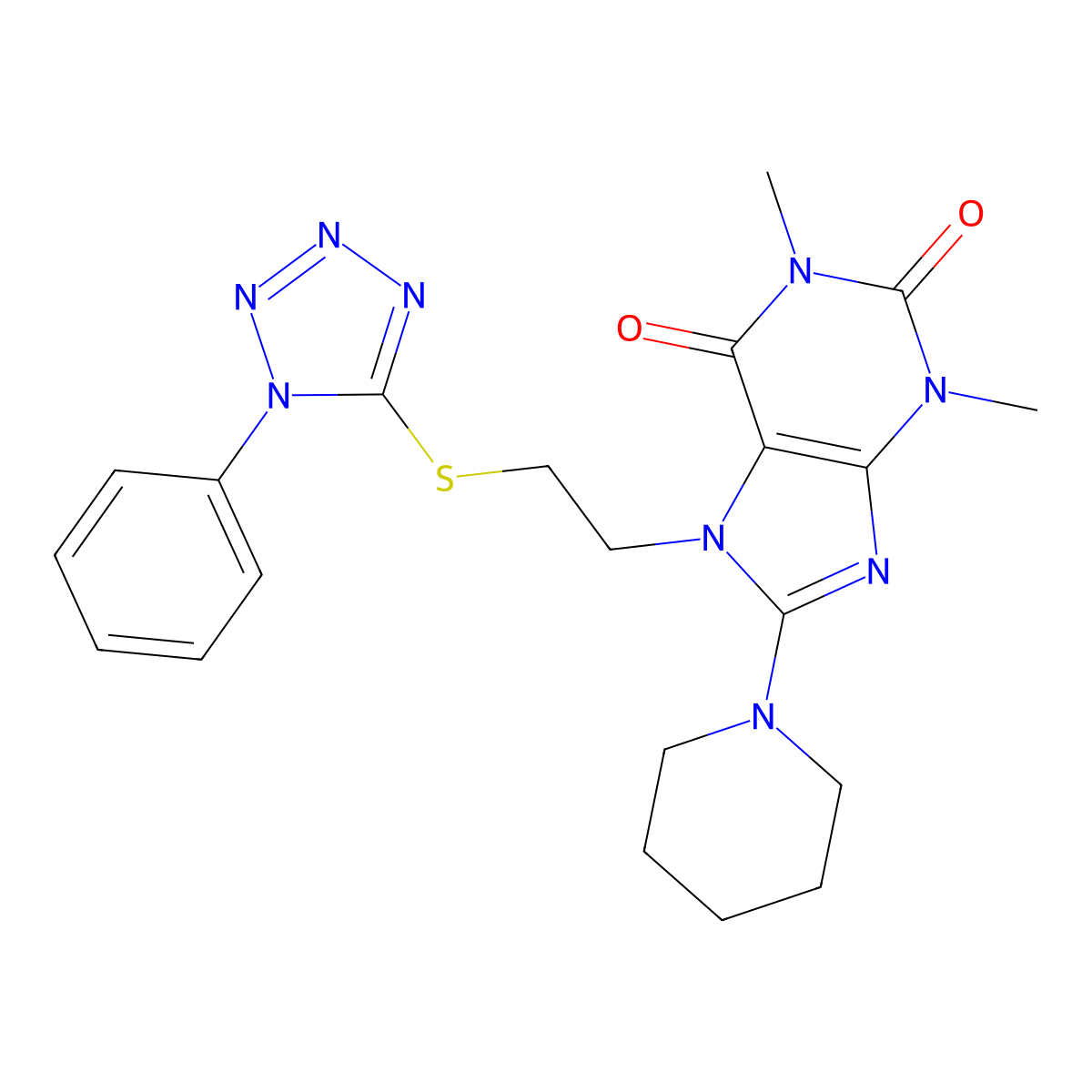 1,3-dimethyl-7-(2-((1-phenyl-1H-tetrazol-5-yl)thio)ethyl)-8-(piperidin-1-yl)-1H-purine-2,6(3H,7H)-dione molecular structure, CAS 685860-65-5