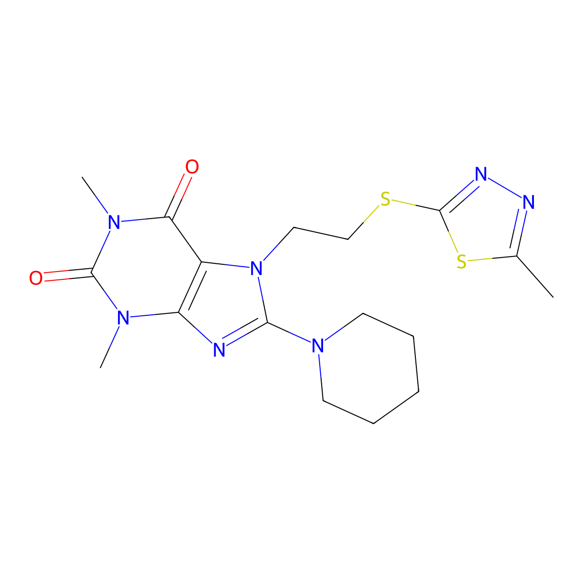 1,3-Dimethyl-7-[2-(5-methyl-[1,3,4]thiadiazol-2-ylsulfanyl)-ethyl]-8-piperidin-1-yl-3,7-dihydro-purine-2,6-dione molecular structure, CAS 685860-66-6