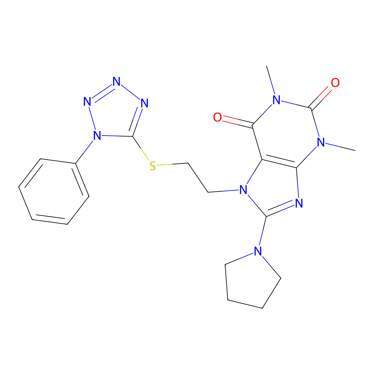 1,3-dimethyl-7-(2-((1-phenyl-1H-tetrazol-5-yl)thio)ethyl)-8-(pyrrolidin-1-yl)-1H-purine-2,6(3H,7H)-dione molecular structure, CAS 685860-67-7