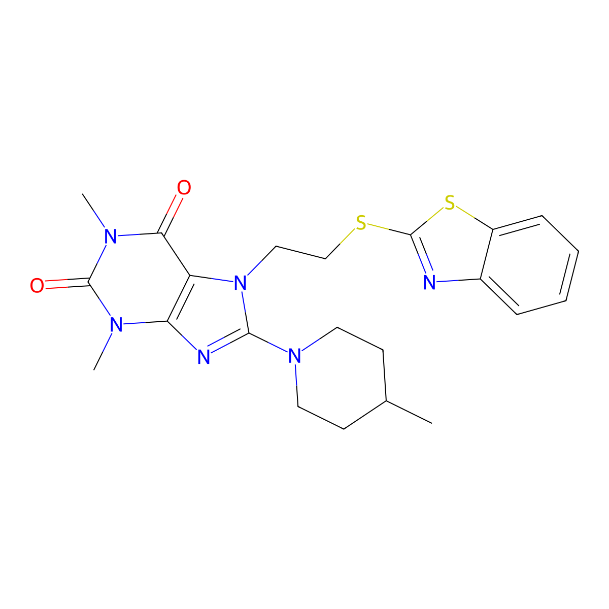 7-(2-(benzo[d]thiazol-2-ylthio)ethyl)-1,3-dimethyl-8-(4-methylpiperidin-1-yl)-1H-purine-2,6(3H,7H)-dione molecular structure, CAS 685860-68-8
